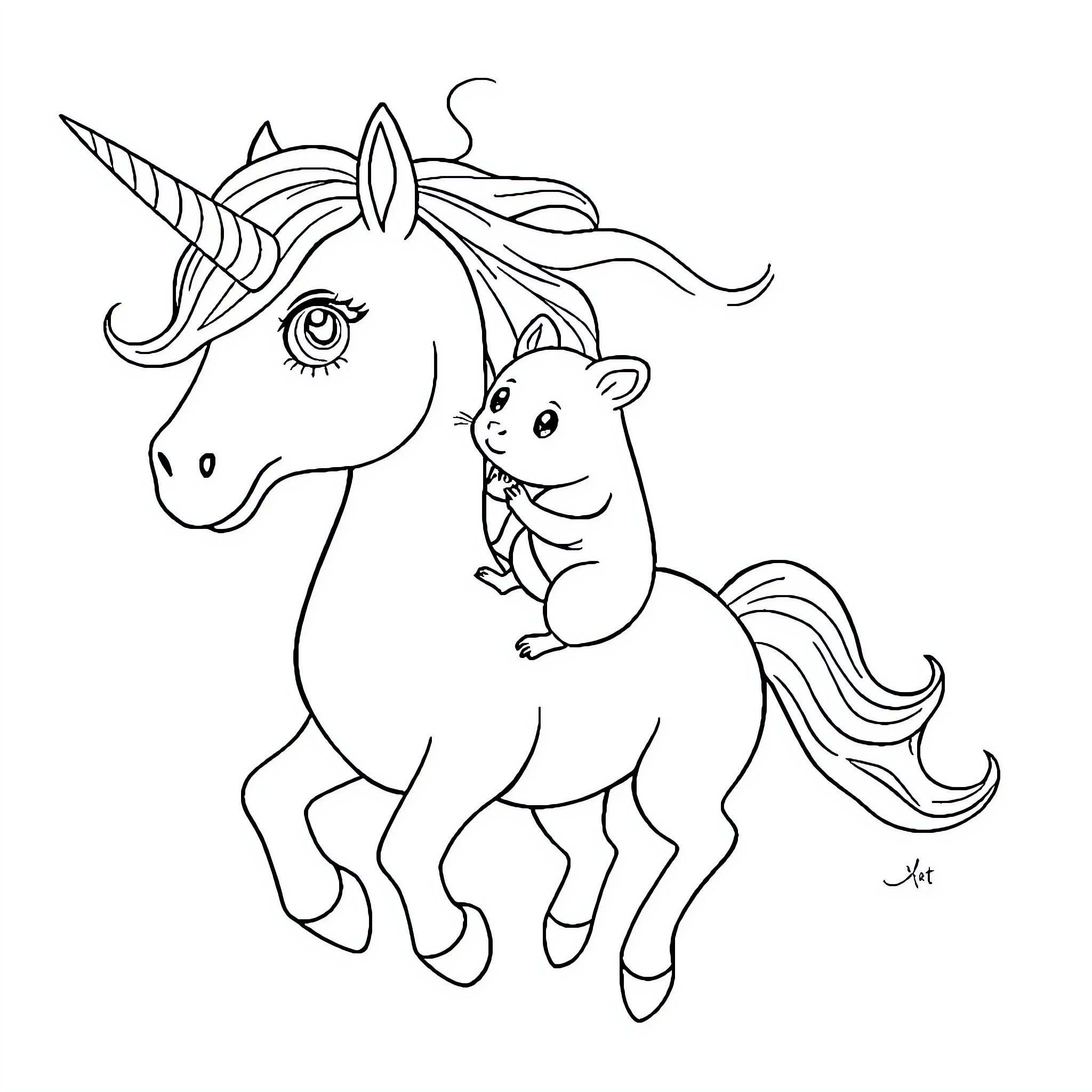 Hamster riding a magical unicorn Coloring Page (free black-and-white line drawing printable PDF for all, from beginners to advanced learners, including children, teens, adults, and seniors)