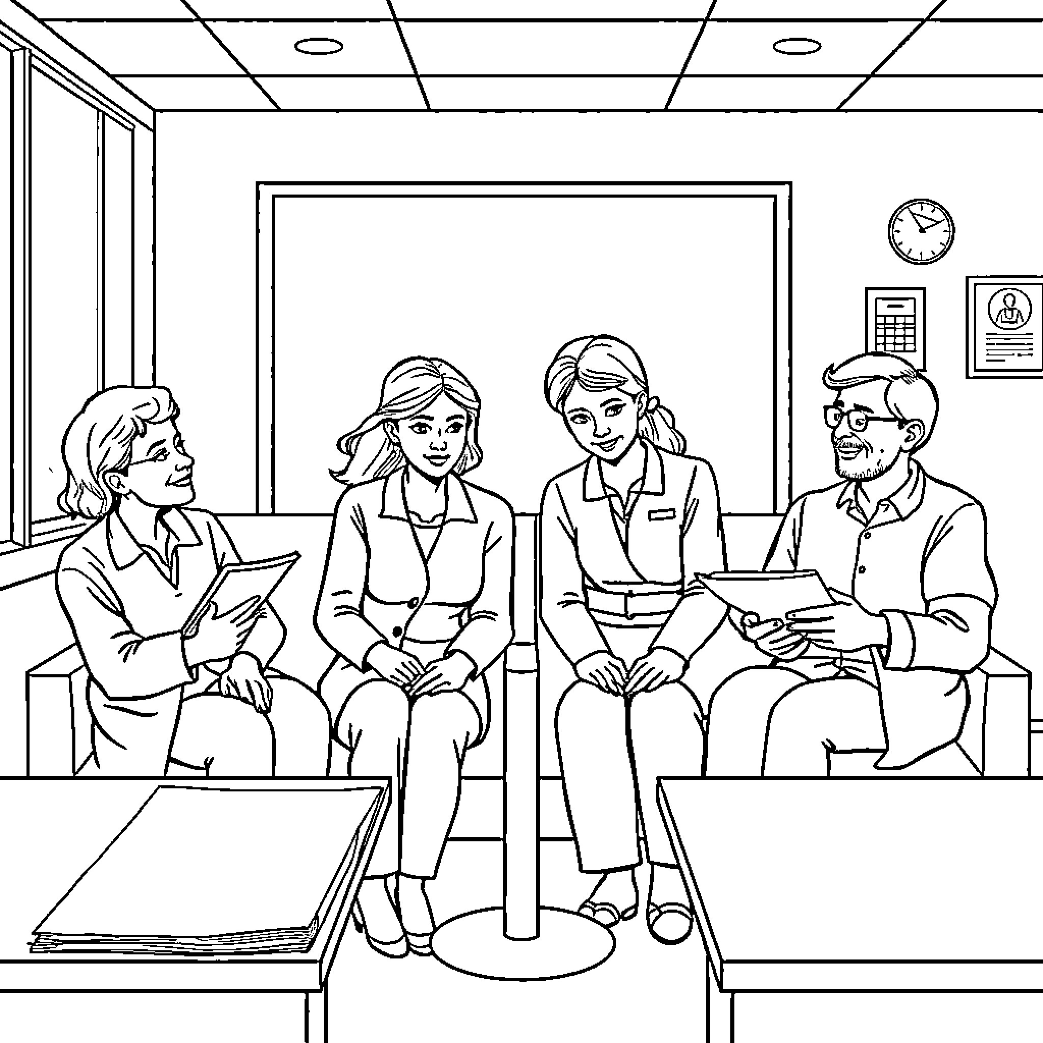 Caregiver team discussing patient care in medical office Coloring Page (free black-and-white line drawing printable PDF for all, from beginners to advanced learners, including children, teens, adults, and seniors)