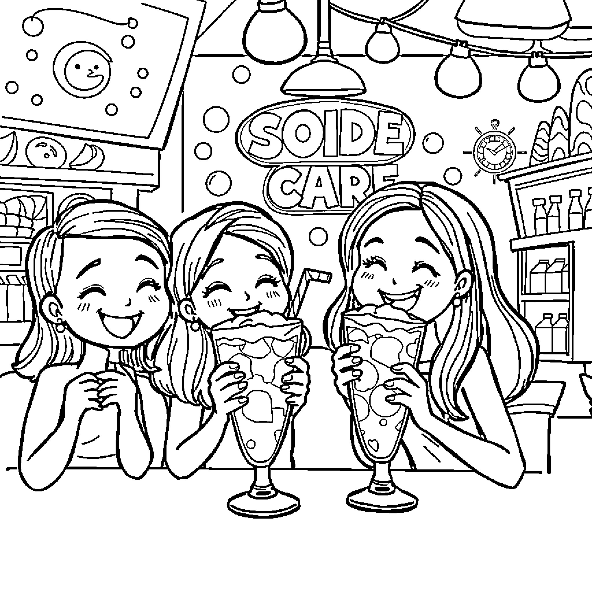 Character girls enjoying ice cream at soda shop Coloring Page (free black-and-white line drawing printable PDF for all, from beginners to advanced learners, including children, teens, adults, and seniors)