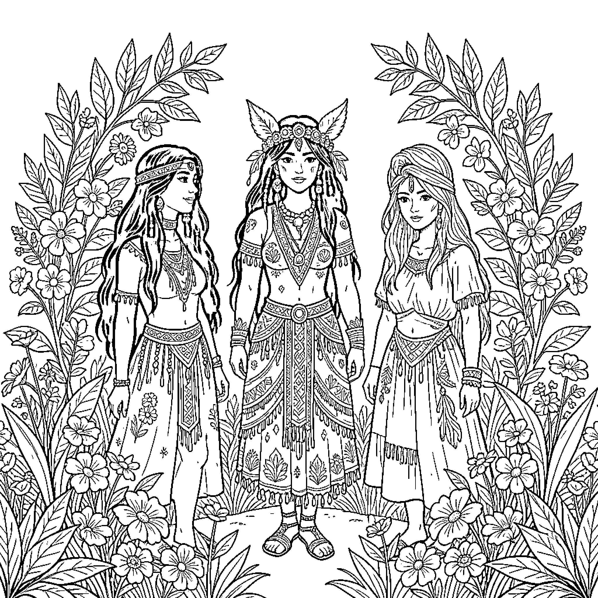 Women in Mystical Floral Garden Coloring Page (free black-and-white line drawing printable PDF for all, from beginners to advanced learners, including children, teens, adults, and seniors)