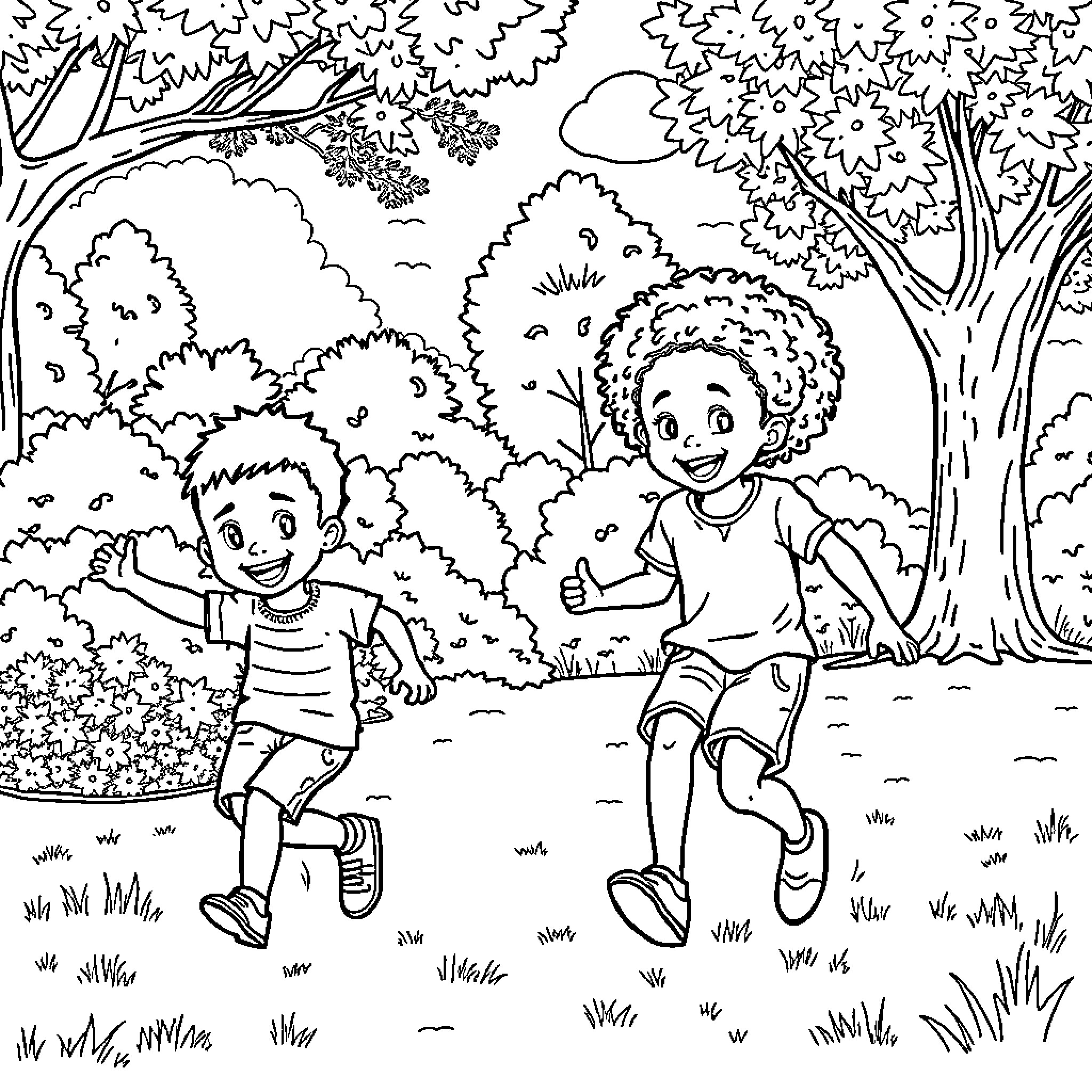 Children playing happily in the forest Coloring Page (free black-and-white line drawing printable PDF for all, from beginners to advanced learners, including children, teens, adults, and seniors)