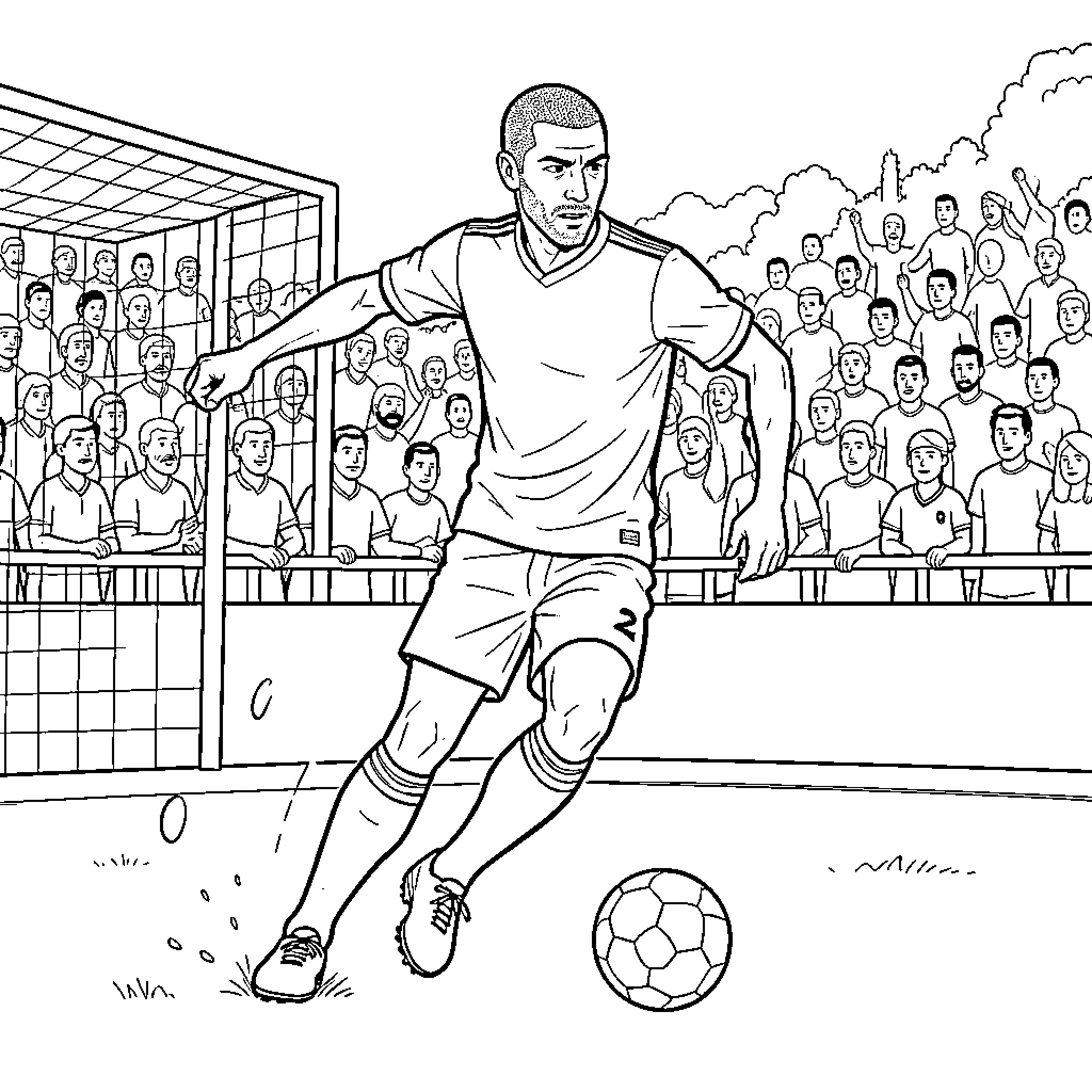 Zidane kicking a soccer ball during a match Coloring Page (free black-and-white line drawing printable PDF for all, from beginners to advanced learners, including children, teens, adults, and seniors)