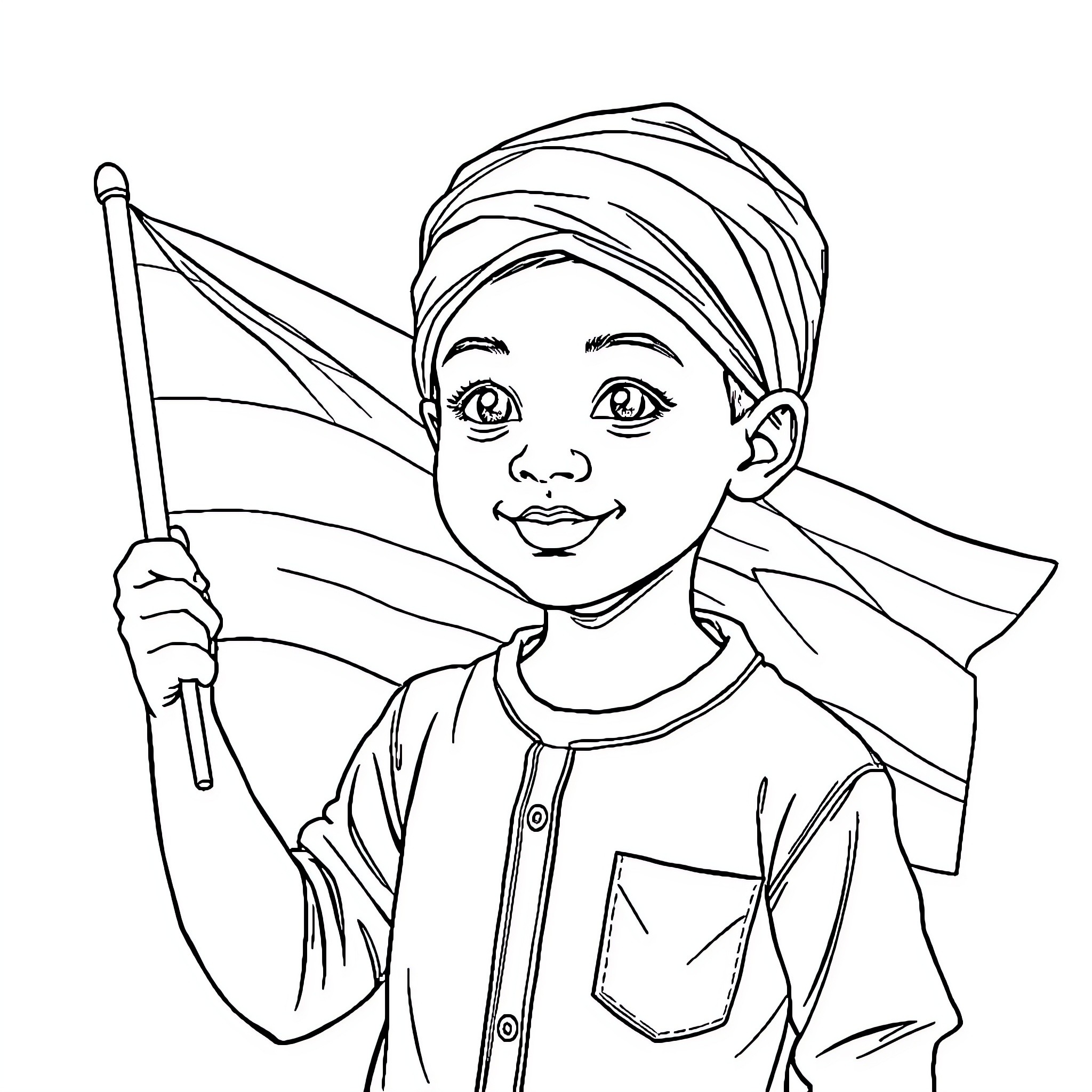 Kid proudly holding a national flag Coloring Page (free black-and-white line drawing printable PDF for all, from beginners to advanced learners, including children, teens, adults, and seniors)