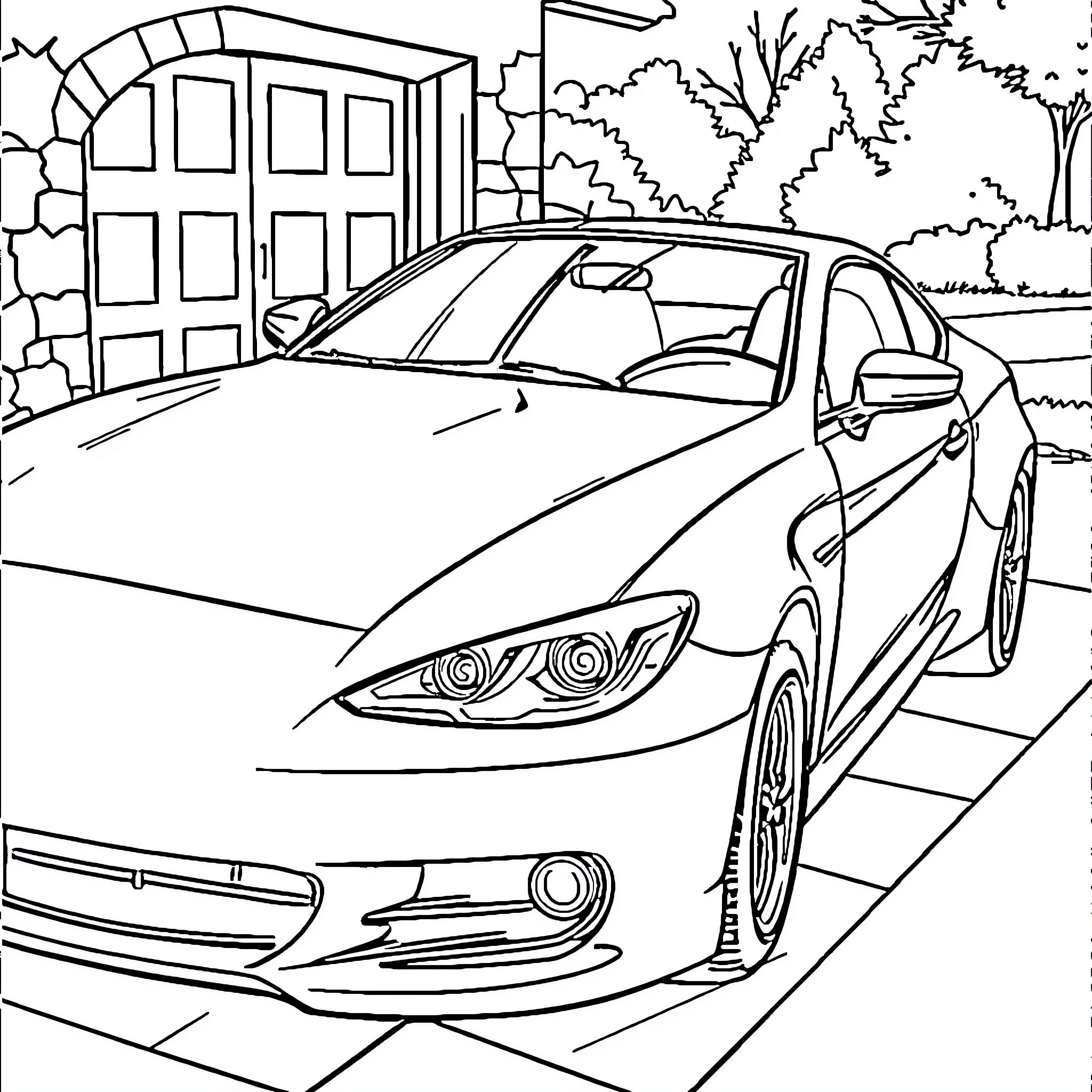 Car driving on a scenic road Coloring Page (free black-and-white line drawing printable PDF for all, from beginners to advanced learners, including children, teens, adults, and seniors)
