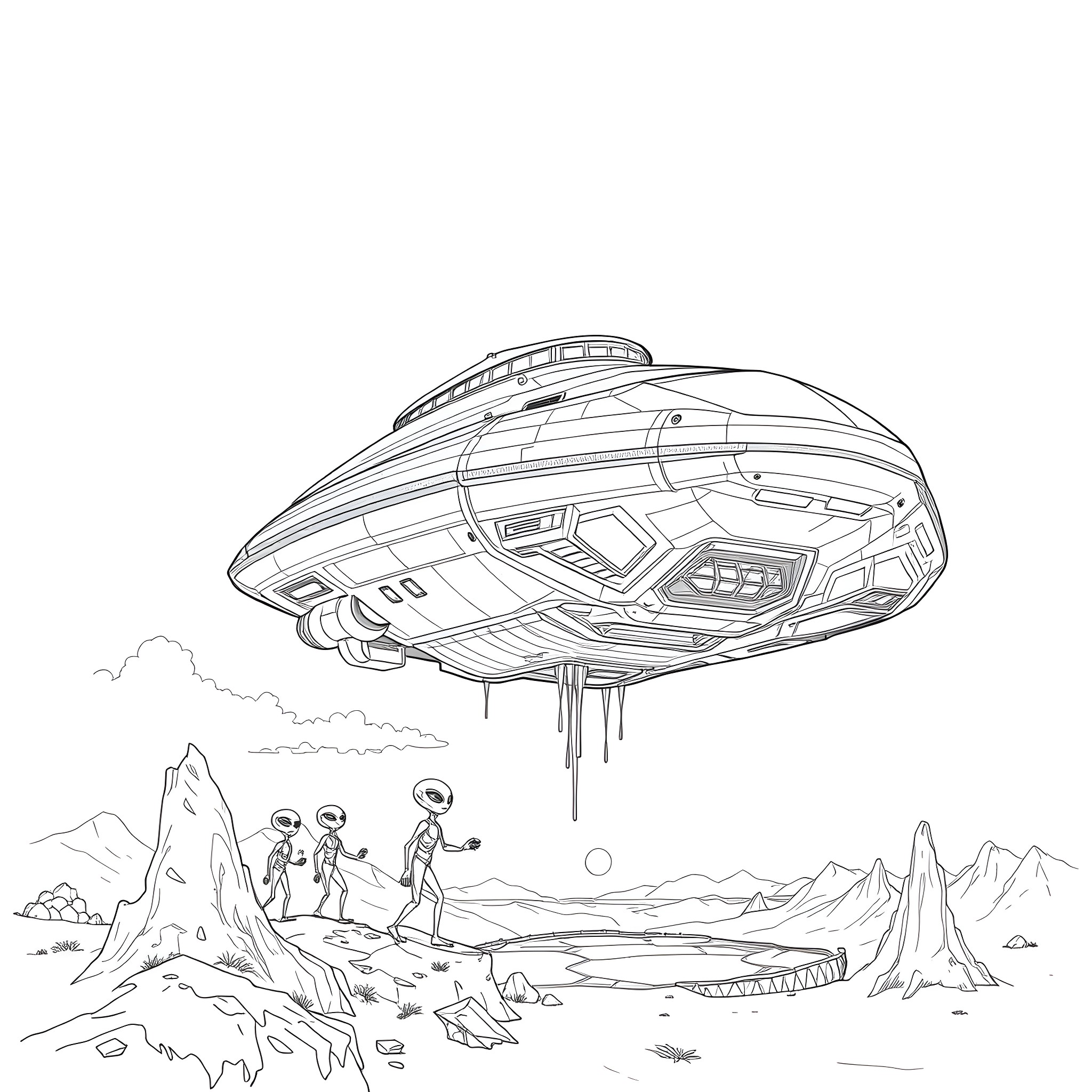 Alien spacecraft landing on a strange planet Coloring Page (free black-and-white line drawing printable PDF for all, from beginners to advanced learners, including children, teens, adults, and seniors)