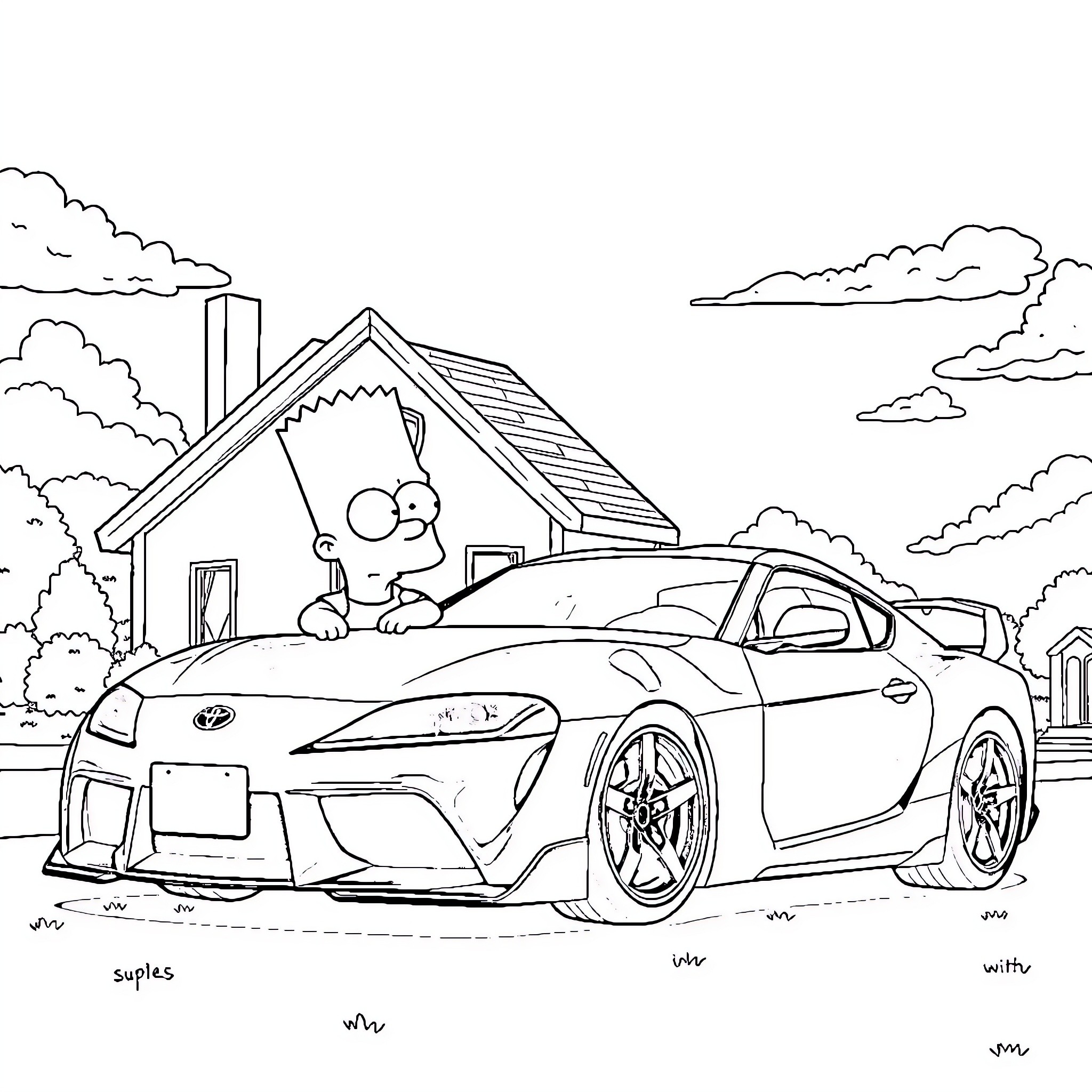 Bart Simpson admires a sleek sports car in the driveway Coloring Page (free black-and-white line drawing printable PDF for all, from beginners to advanced learners, including children, teens, adults, and seniors)