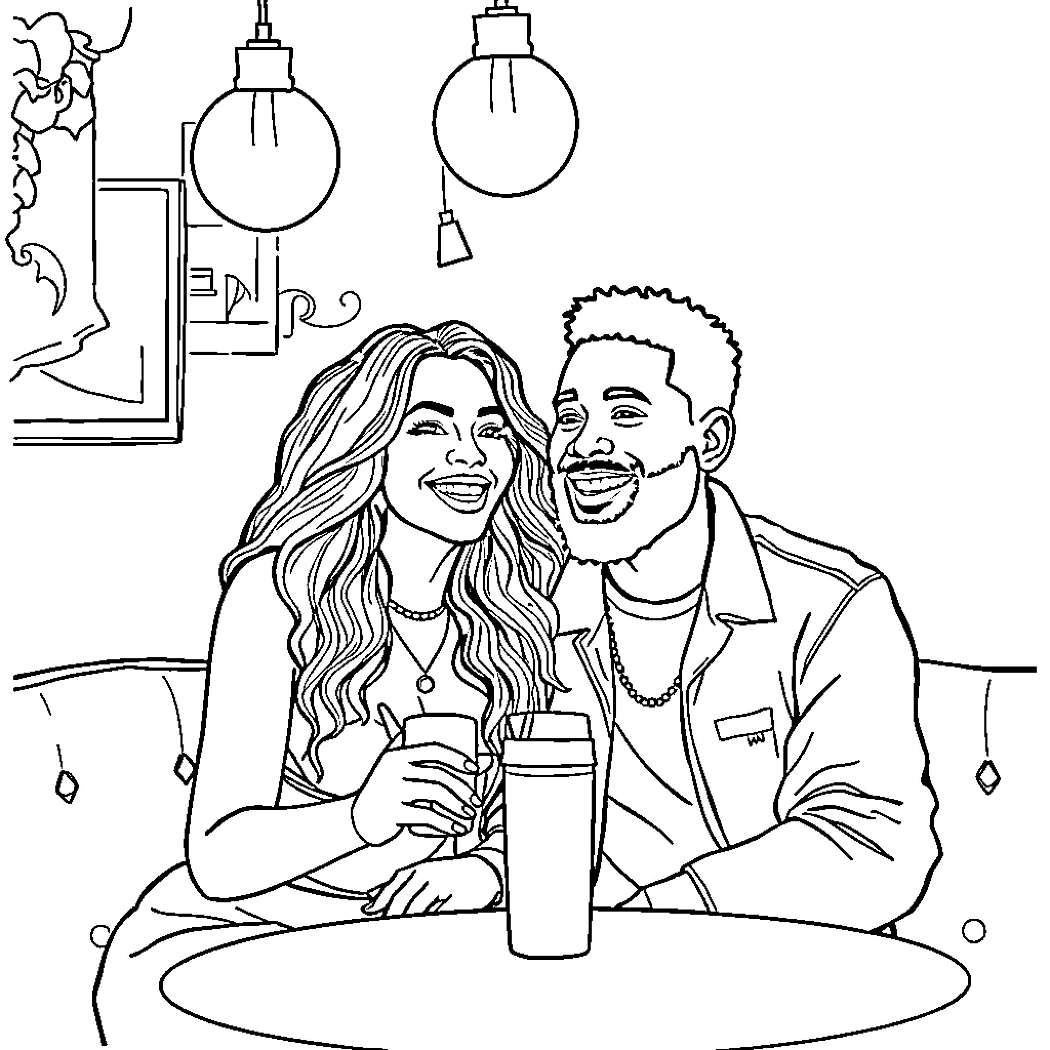 Beyonce smiling with a man at a cafe Coloring Page (free black-and-white line drawing printable PDF for all, from beginners to advanced learners, including children, teens, adults, and seniors)