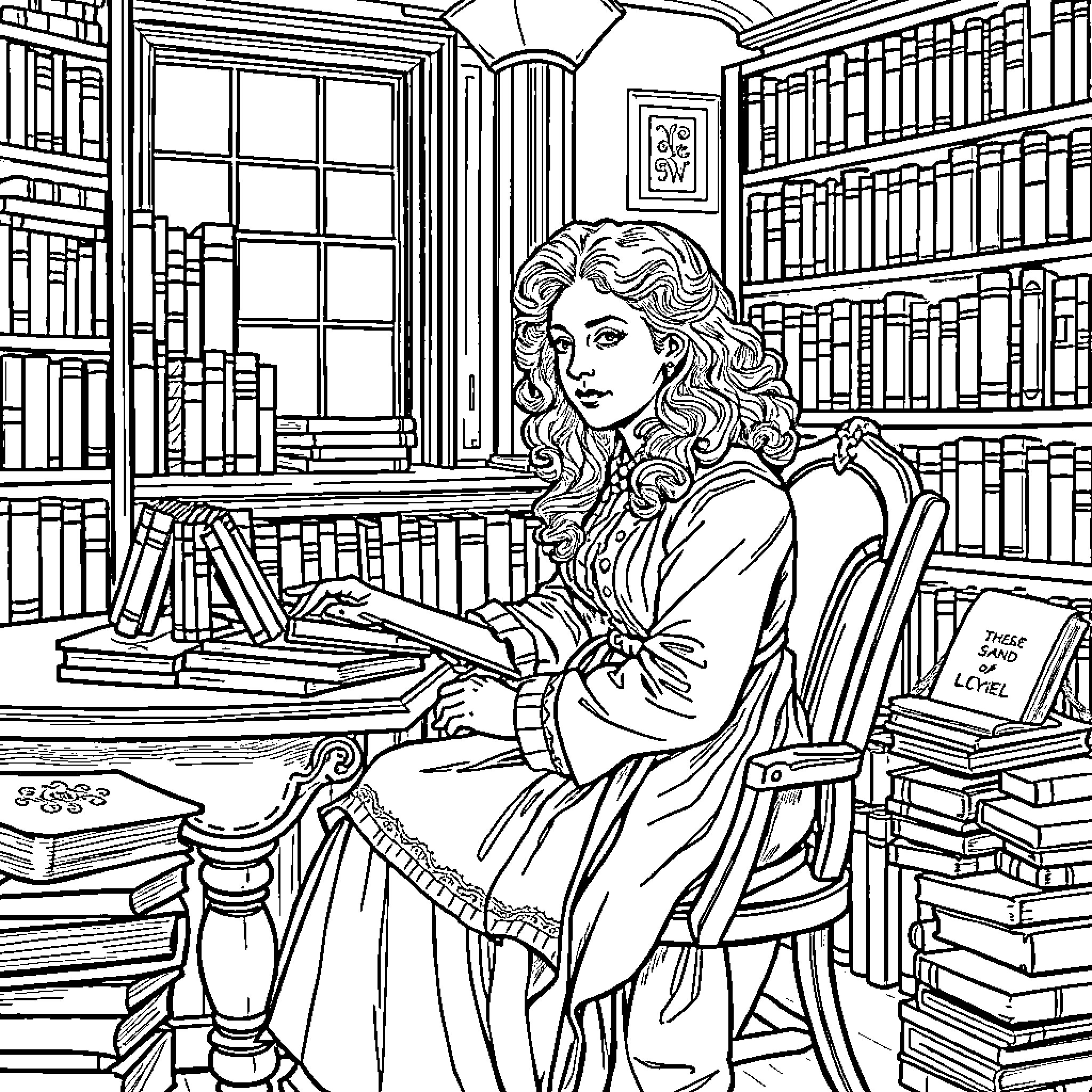 George Sand in a cozy library with books and writing Coloring Page (free black-and-white line drawing printable PDF for all, from beginners to advanced learners, including children, teens, adults, and seniors)