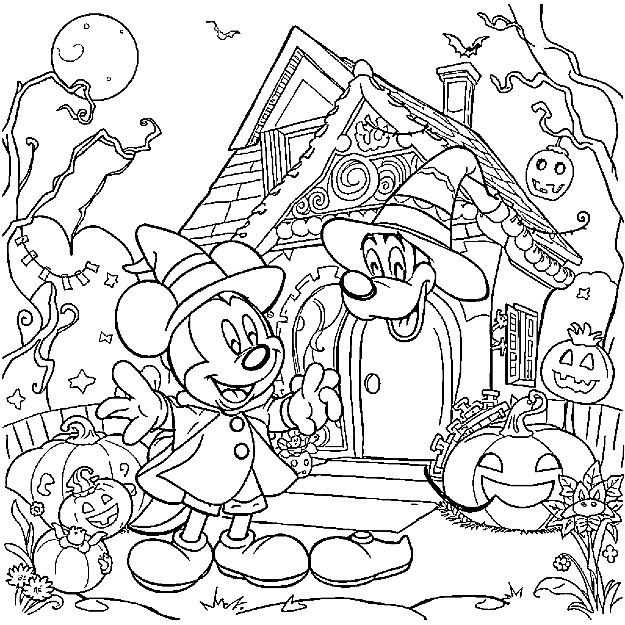 Mickey and Friends Celebrate Halloween Coloring Page (free black-and-white line drawing printable PDF for all, from beginners to advanced learners, including children, teens, adults, and seniors)