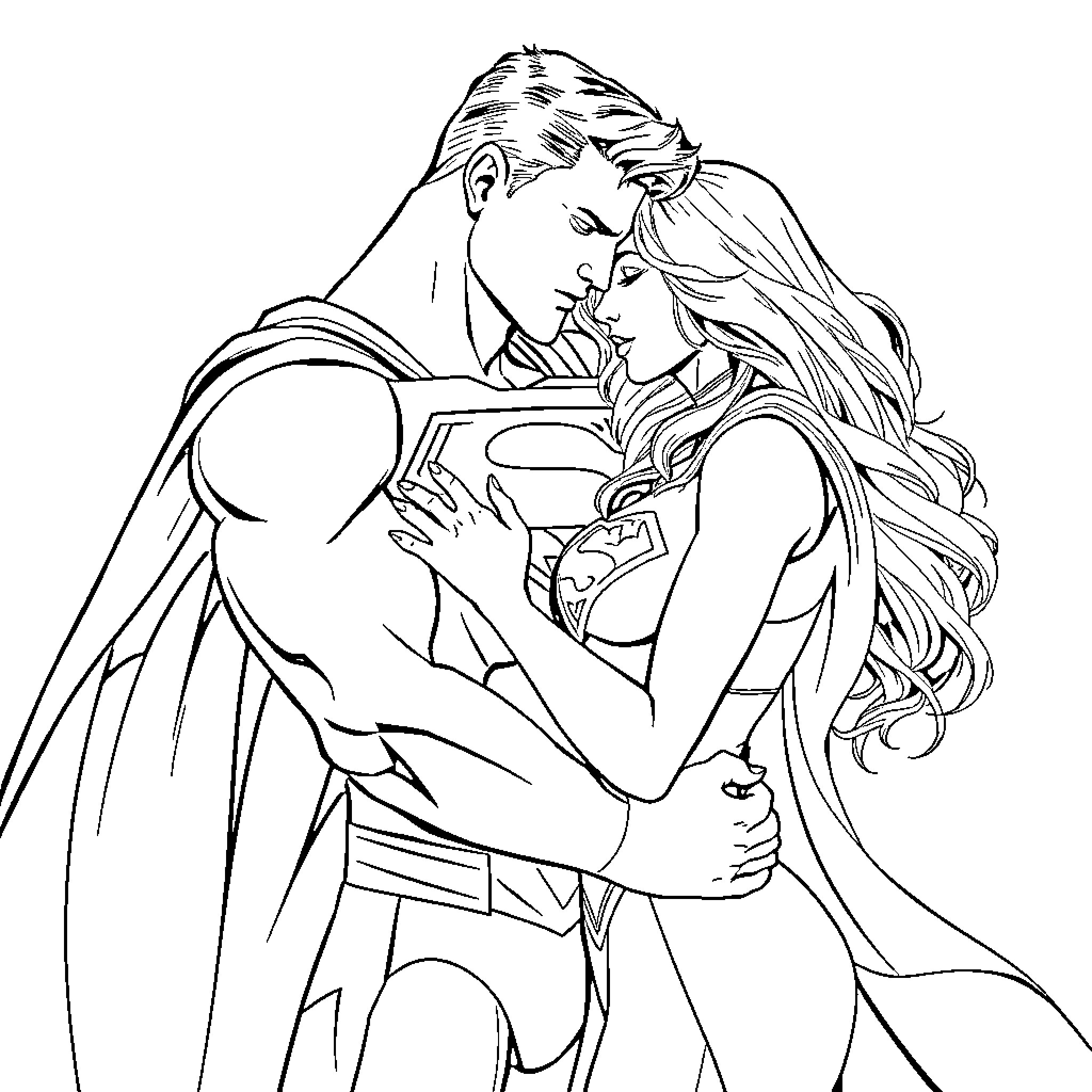 Superman embracing his love interest Coloring Page (free black-and-white line drawing printable PDF for all, from beginners to advanced learners, including children, teens, adults, and seniors)