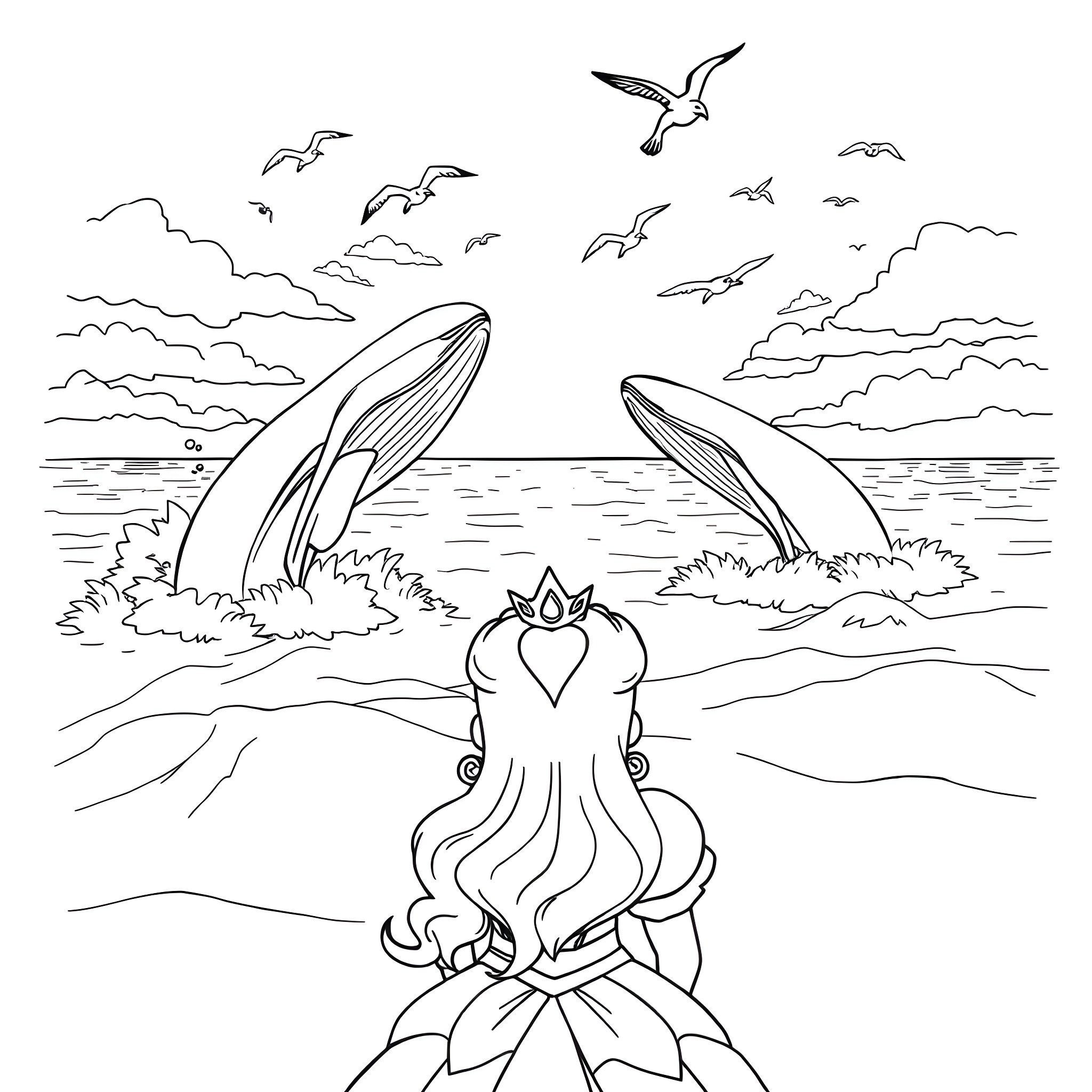 Princess Peach admiring the ocean scenery Coloring Page (free black-and-white line drawing printable PDF for all, from beginners to advanced learners, including children, teens, adults, and seniors)
