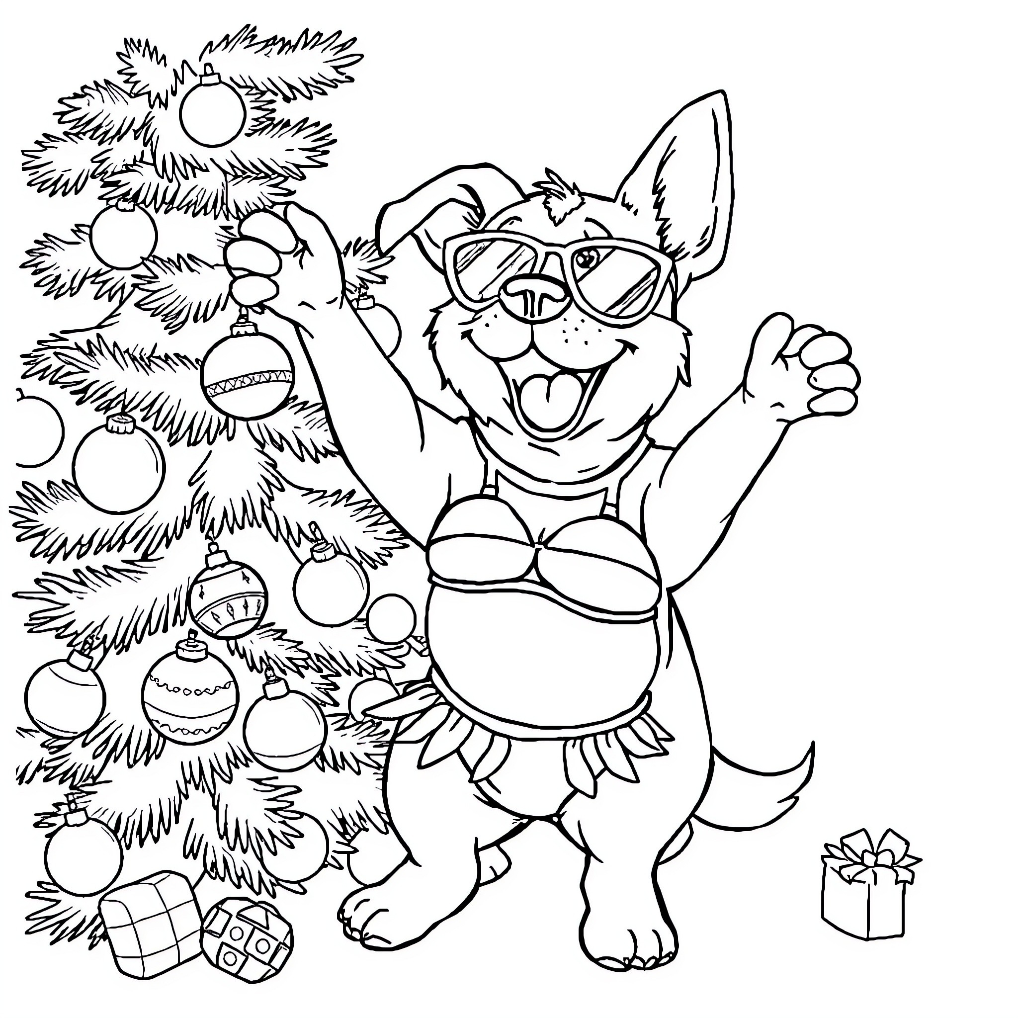 Dog celebrating Christmas near decorated tree Coloring Page (free black-and-white line drawing printable PDF for all, from beginners to advanced learners, including children, teens, adults, and seniors)