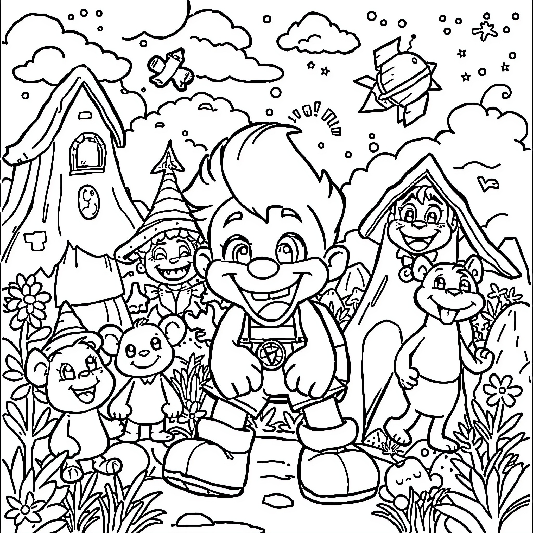 Dandy Friends in a Whimsical Wonderland Coloring Page (free black-and-white line drawing printable PDF for all, from beginners to advanced learners, including children, teens, adults, and seniors)