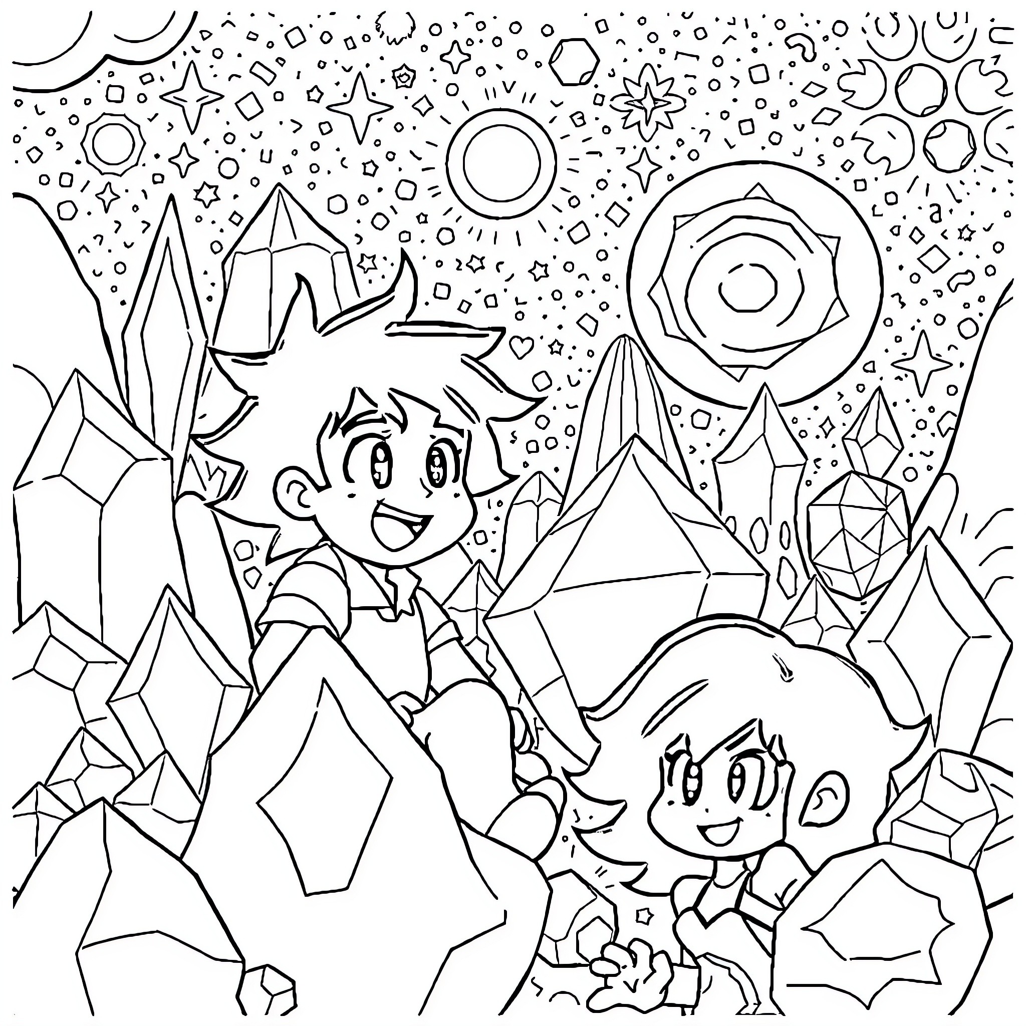 Steven Universe Exploring Magical Crystal World Coloring Page (free black-and-white line drawing printable PDF for all, from beginners to advanced learners, including children, teens, adults, and seniors)
