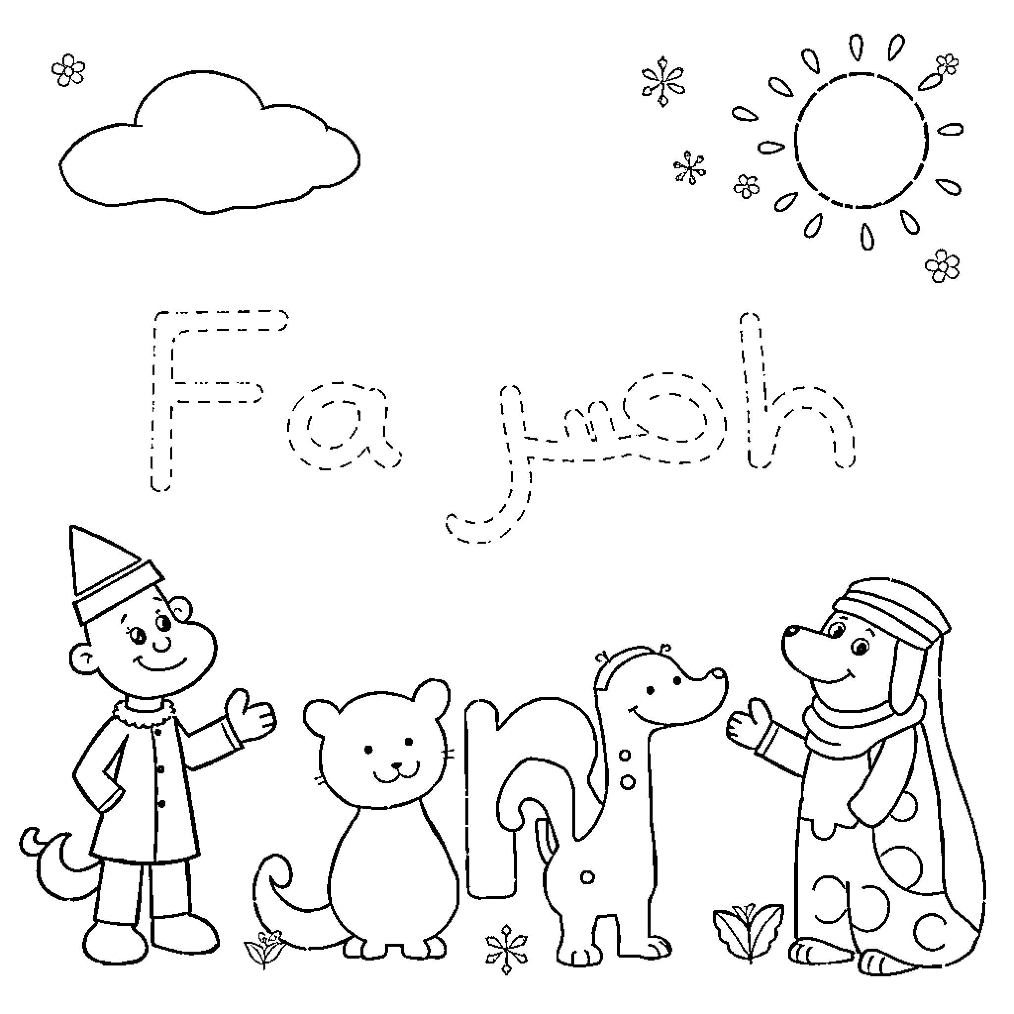 Name cartoon figures in playful scene Coloring Page (free black-and-white line drawing printable PDF for all, from beginners to advanced learners, including children, teens, adults, and seniors)