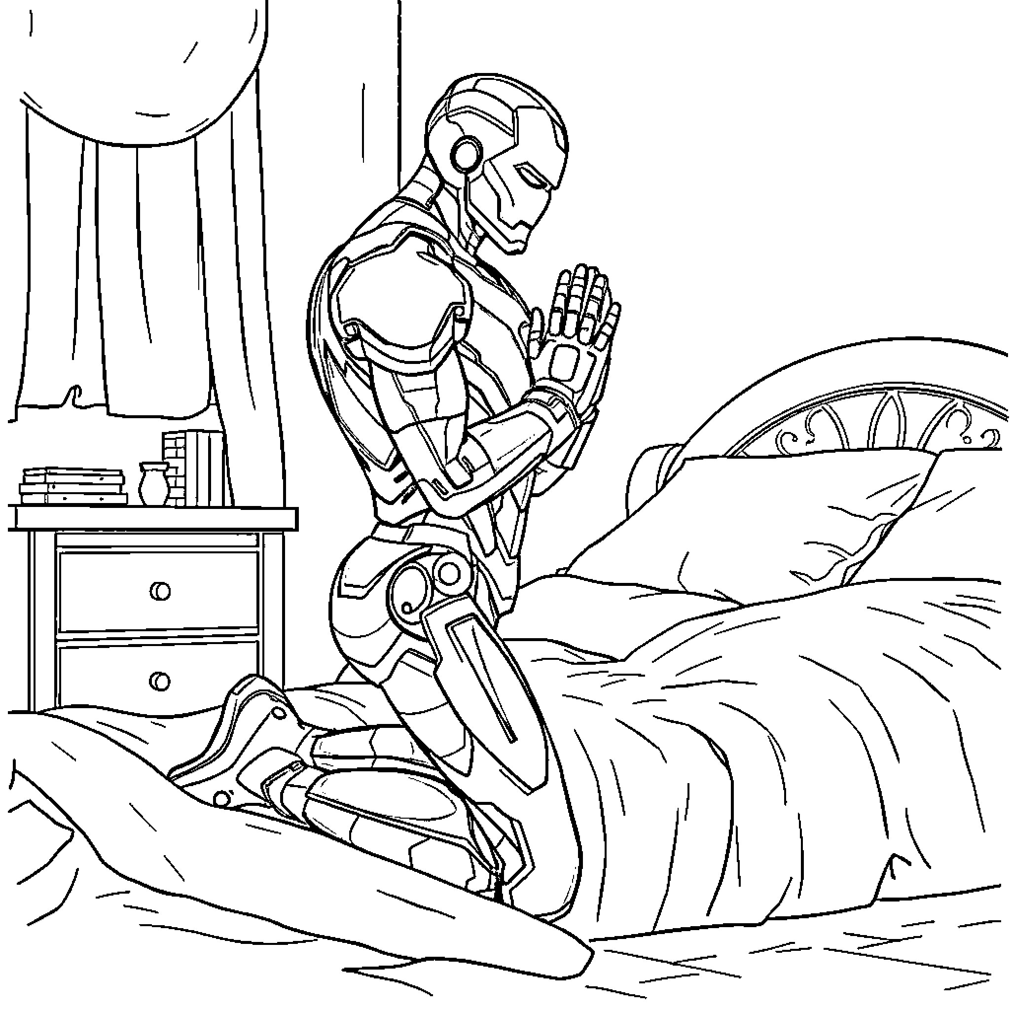 Ironman contemplates in solitude Coloring Page (free black-and-white line drawing printable PDF for all, from beginners to advanced learners, including children, teens, adults, and seniors)