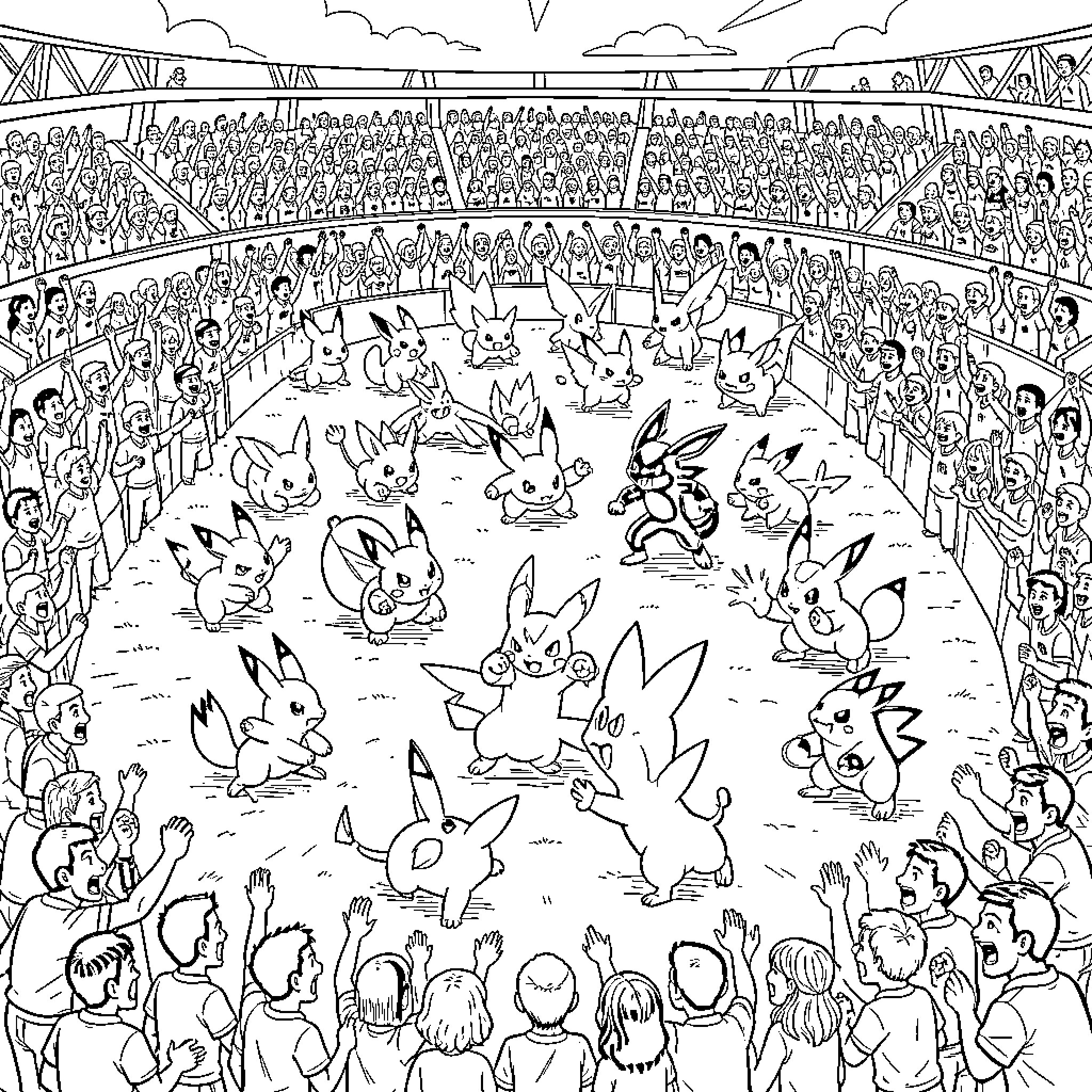 Pokémon battling and celebrating in a crowded stadium Coloring Page (free black-and-white line drawing printable PDF for all, from beginners to advanced learners, including children, teens, adults, and seniors)