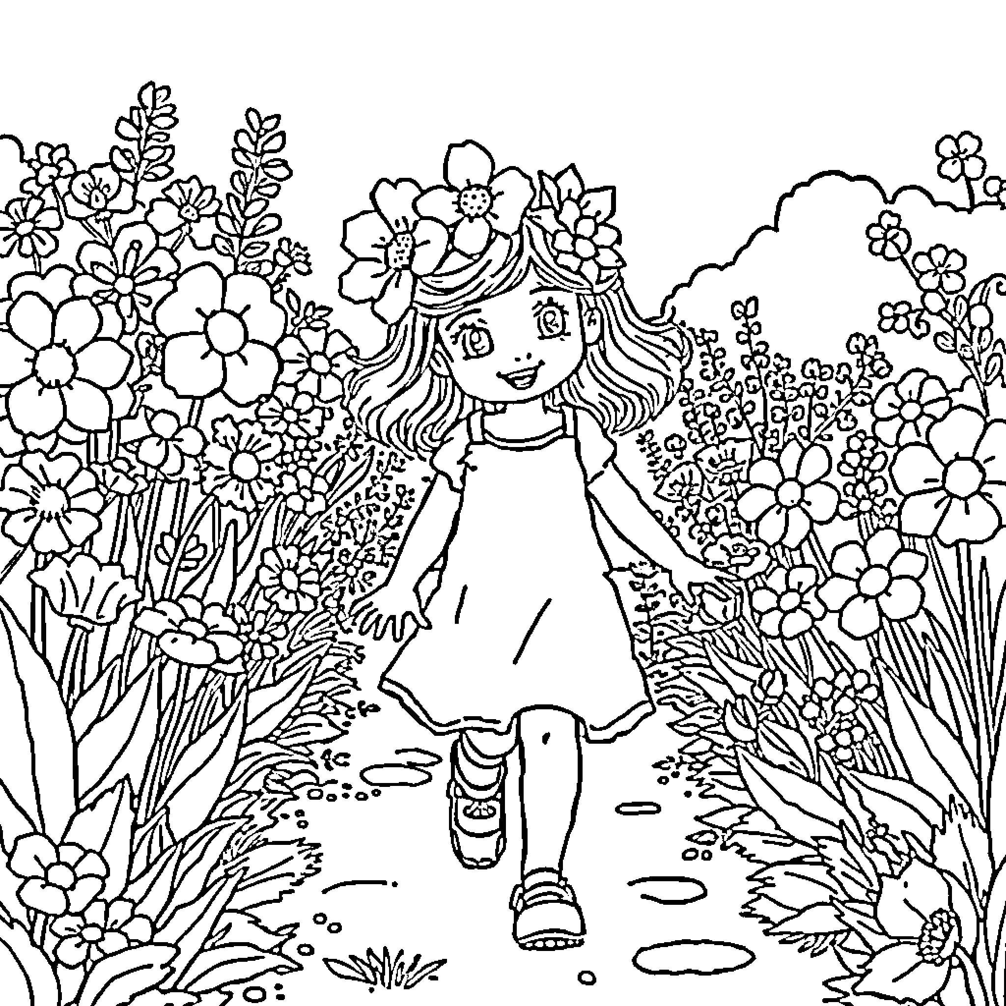 Flower girl exploring a whimsical garden Coloring Page (free black-and-white line drawing printable PDF for all, from beginners to advanced learners, including children, teens, adults, and seniors)