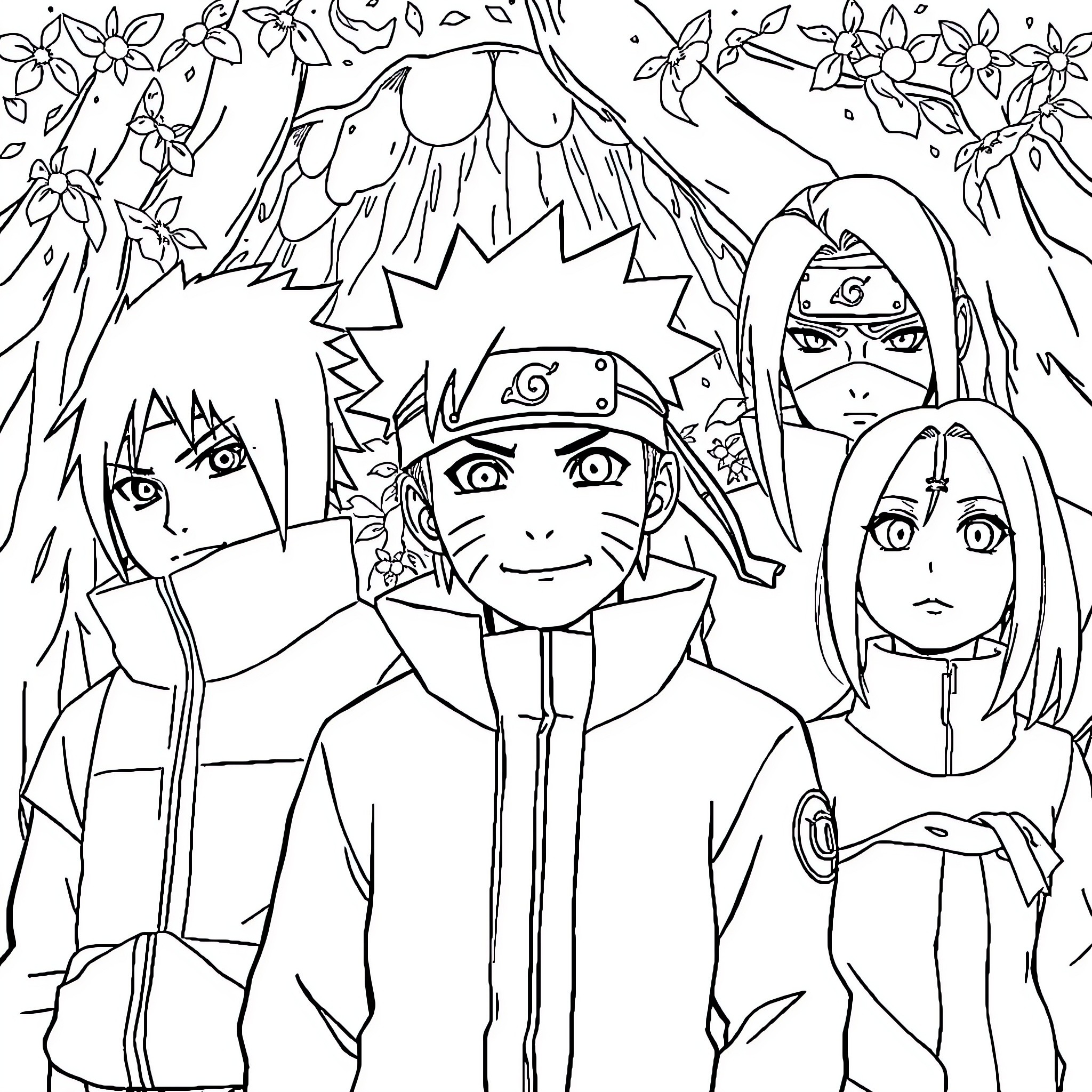 Naruto and Friends in an Adventure Coloring Page (free black-and-white line drawing printable PDF for all, from beginners to advanced learners, including children, teens, adults, and seniors)