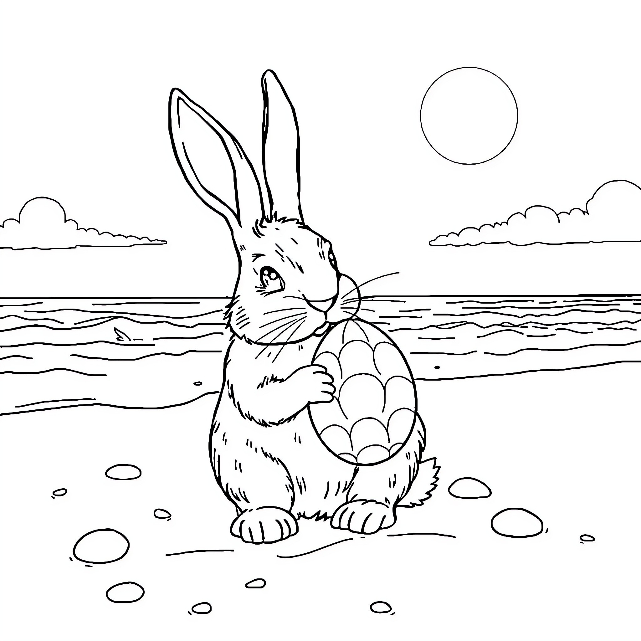 Easter Bunny relaxing on the beach Coloring Page (free black-and-white line drawing printable PDF for all, from beginners to advanced learners, including children, teens, adults, and seniors)