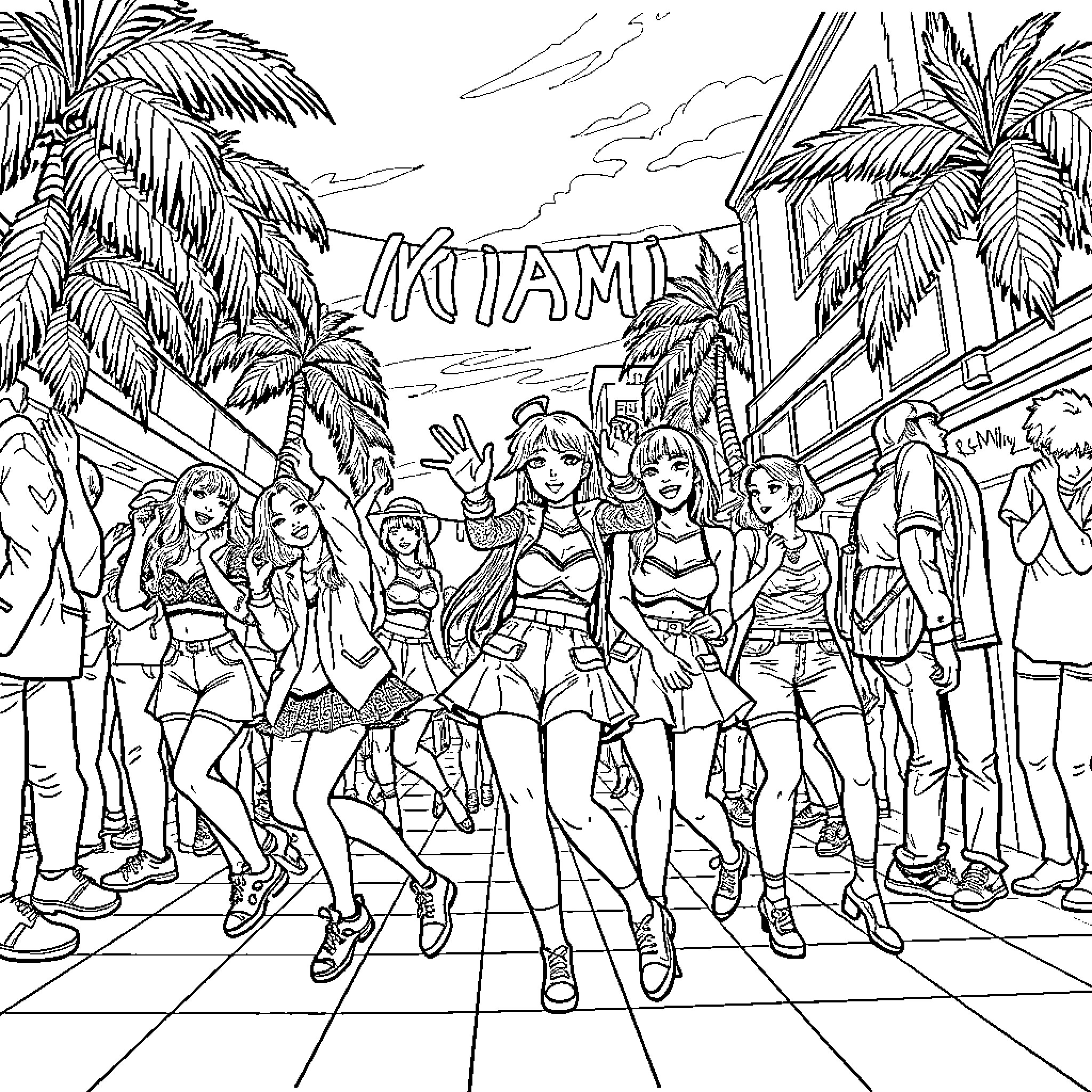 K Pop Characters Posing Confidently in Miami Street Coloring Page (free black-and-white line drawing printable PDF for all, from beginners to advanced learners, including children, teens, adults, and seniors)