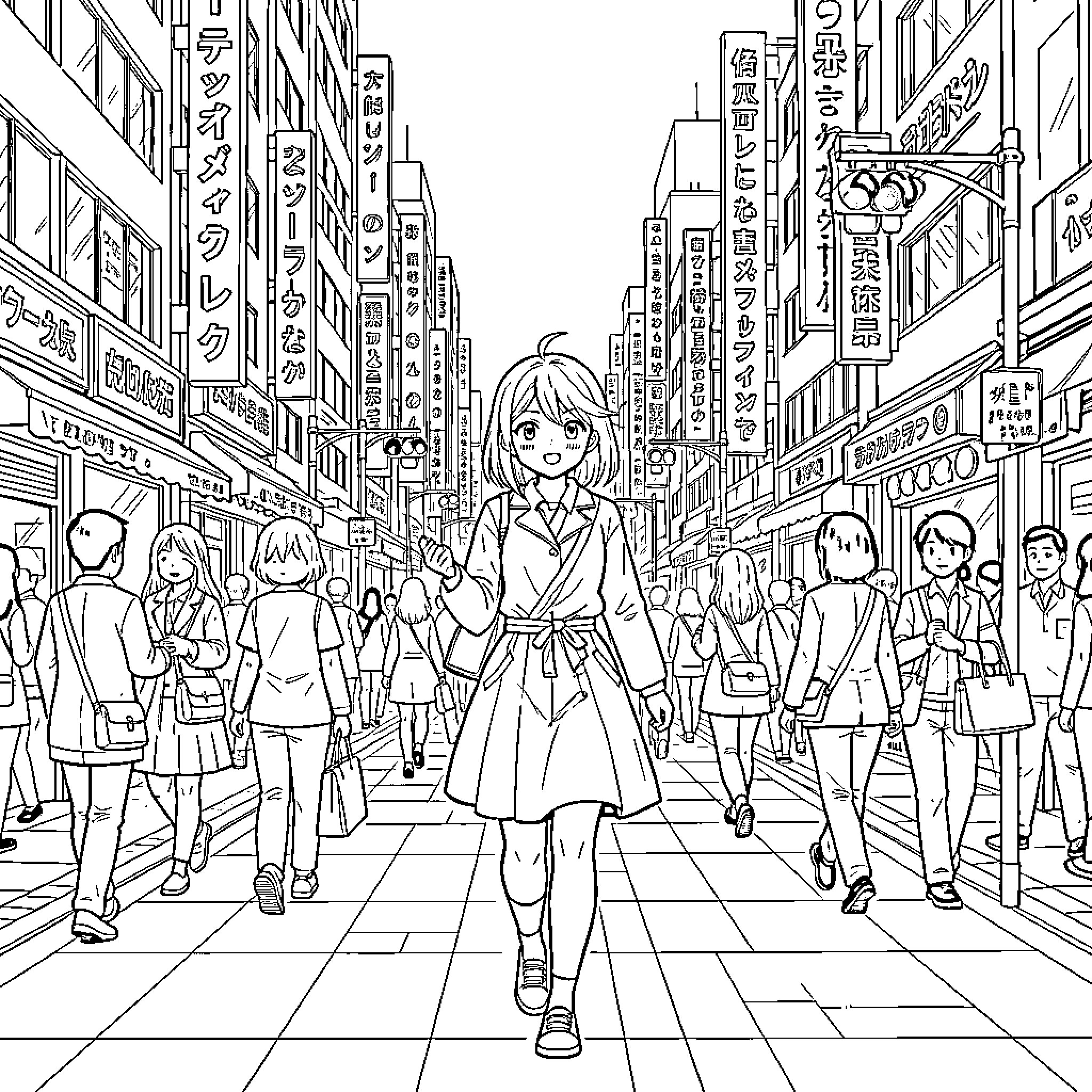 Ayanokoji walking through a crowded city street Coloring Page (free black-and-white line drawing printable PDF for all, from beginners to advanced learners, including children, teens, adults, and seniors)