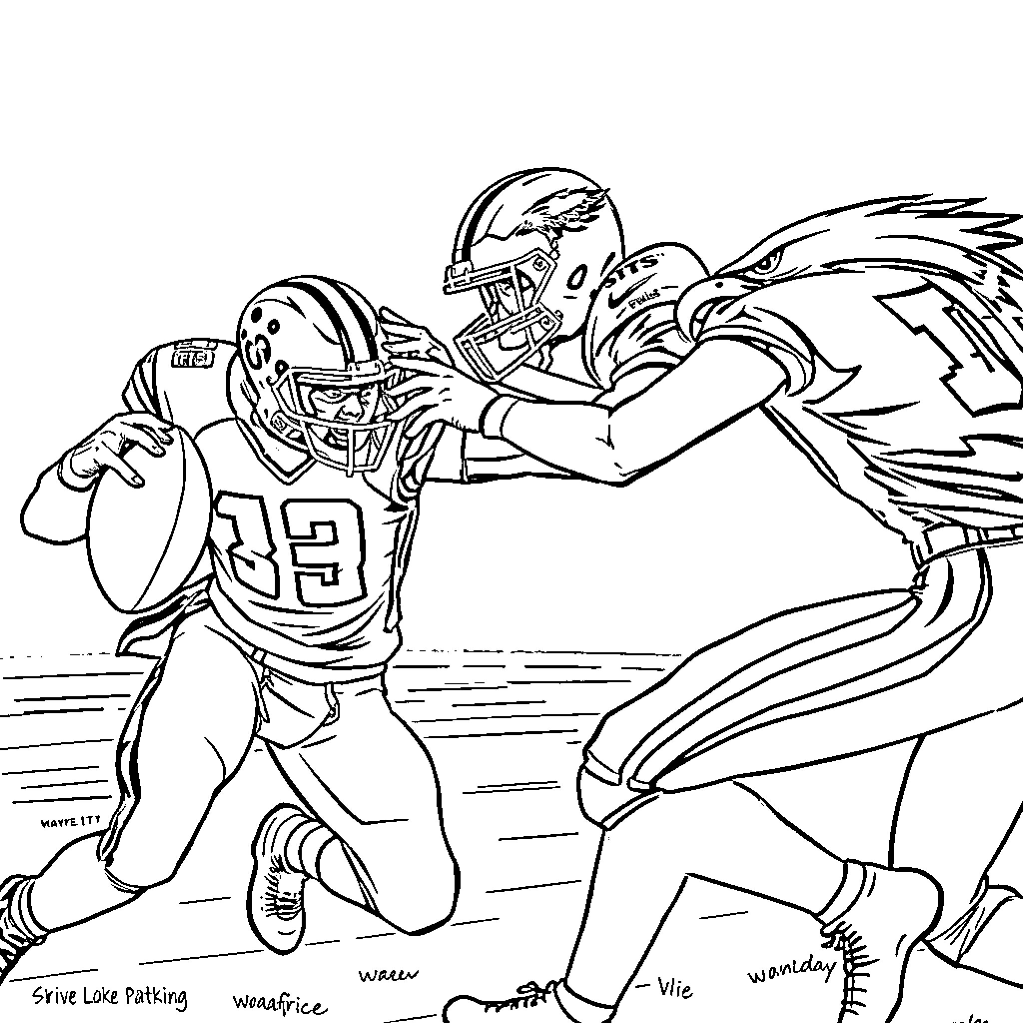 Panther football players in intense game action Coloring Page (free black-and-white line drawing printable PDF for all, from beginners to advanced learners, including children, teens, adults, and seniors)