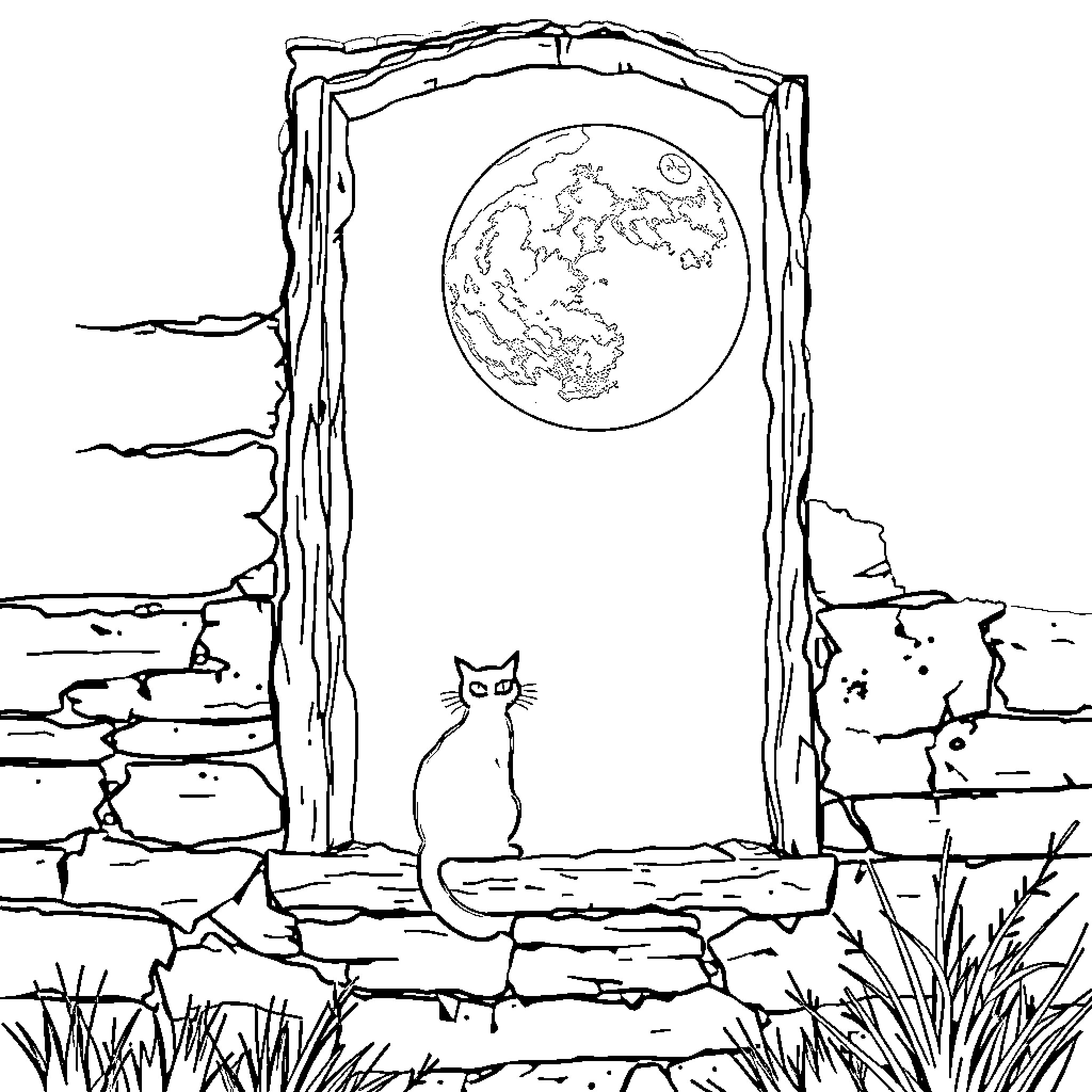 Cat gazing at the moon through an archway Coloring Page (free black-and-white line drawing printable PDF for all, from beginners to advanced learners, including children, teens, adults, and seniors)
