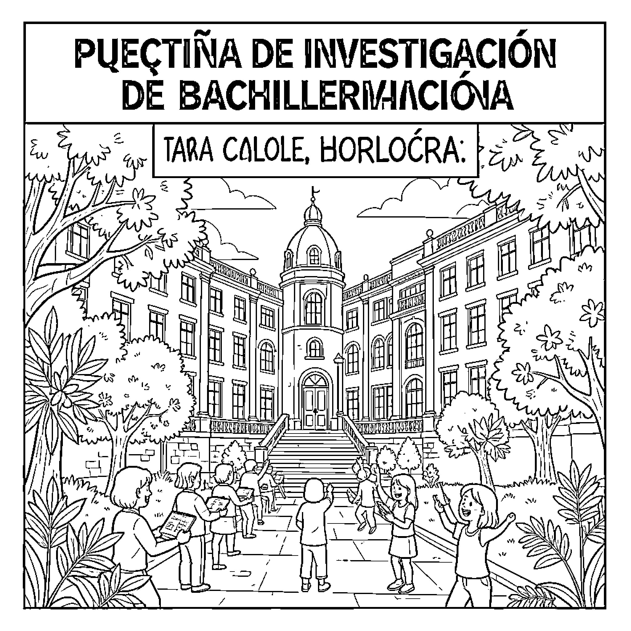 Research Question Students exploring a large school building Coloring Page (free black-and-white line drawing printable PDF for all, from beginners to advanced learners, including children, teens, adults, and seniors)