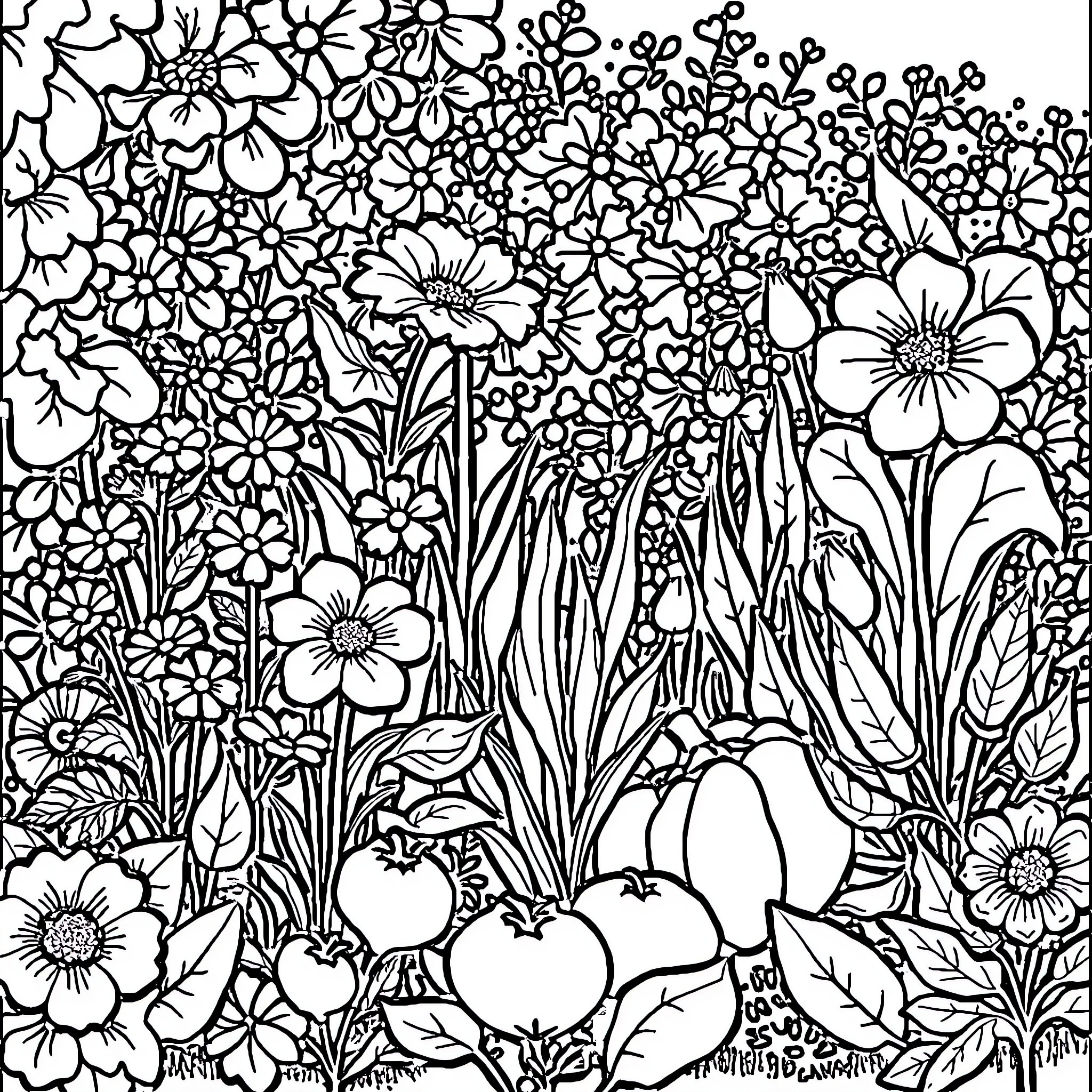 Garden filled with diverse floral arrangements Coloring Page (free black-and-white line drawing printable PDF for all, from beginners to advanced learners, including children, teens, adults, and seniors)