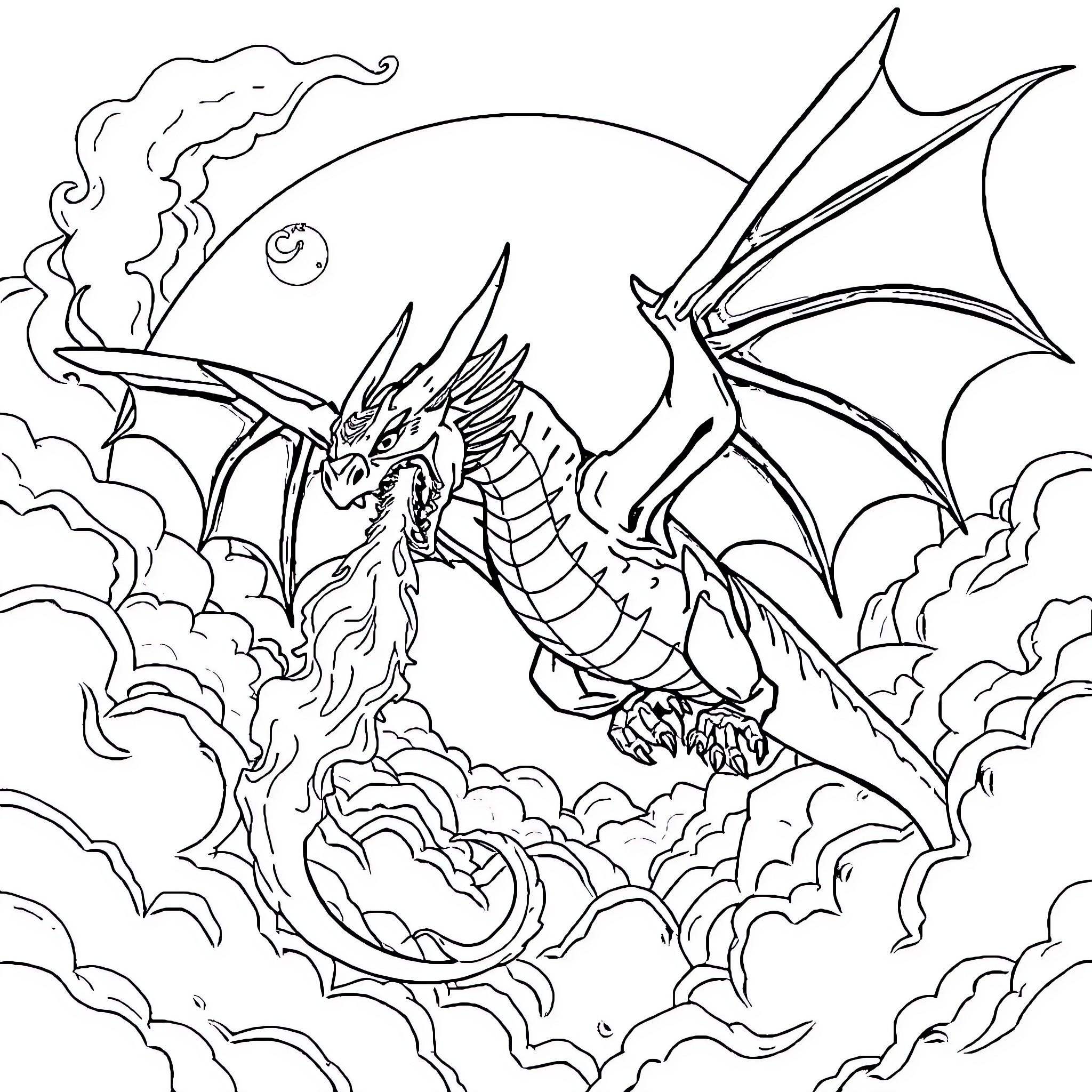 Dragon soaring through the clouds with powerful wings Coloring Page (free black-and-white line drawing printable PDF for all, from beginners to advanced learners, including children, teens, adults, and seniors)