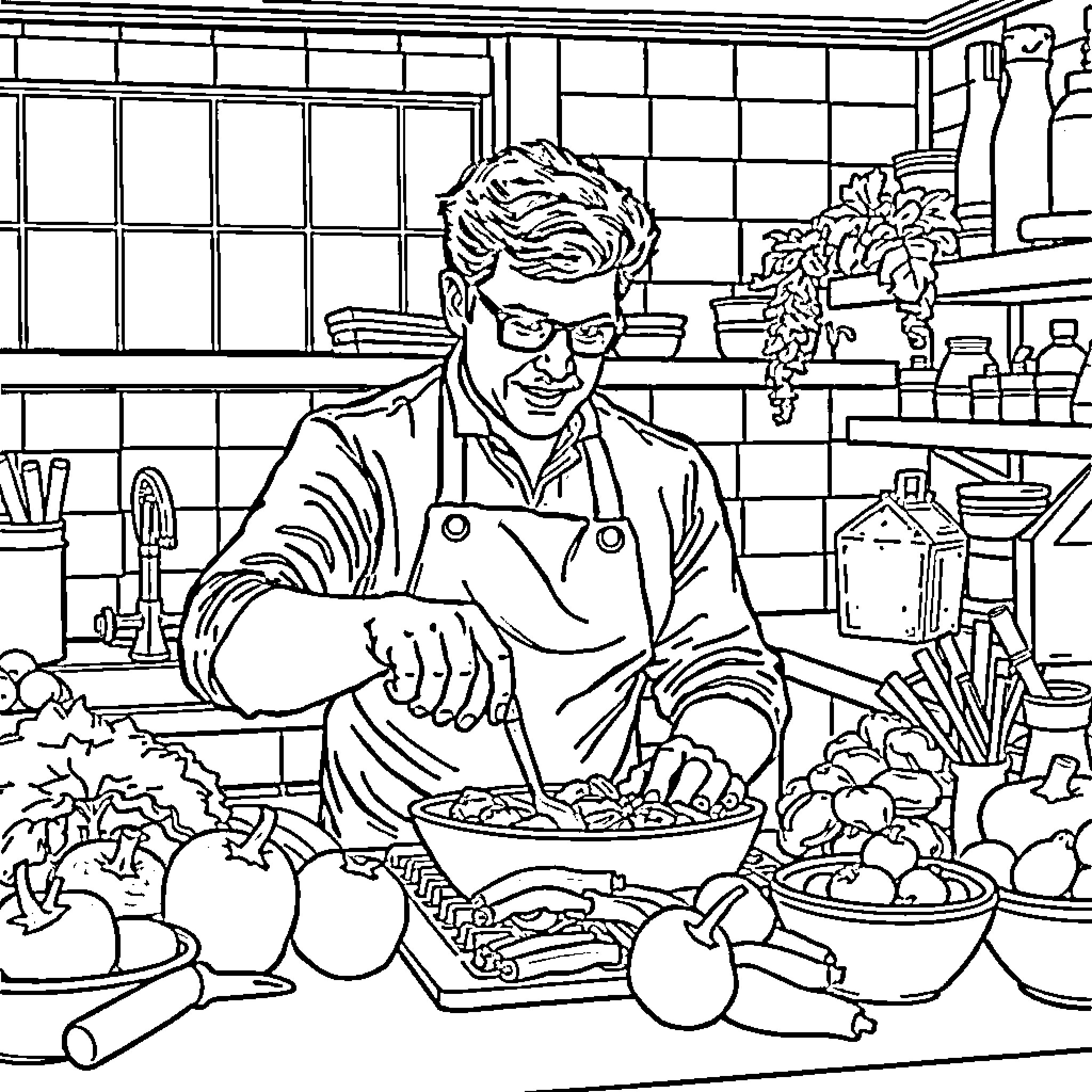 Bobby Flay cooking in a kitchen with fresh produce Coloring Page (free black-and-white line drawing printable PDF for all, from beginners to advanced learners, including children, teens, adults, and seniors)