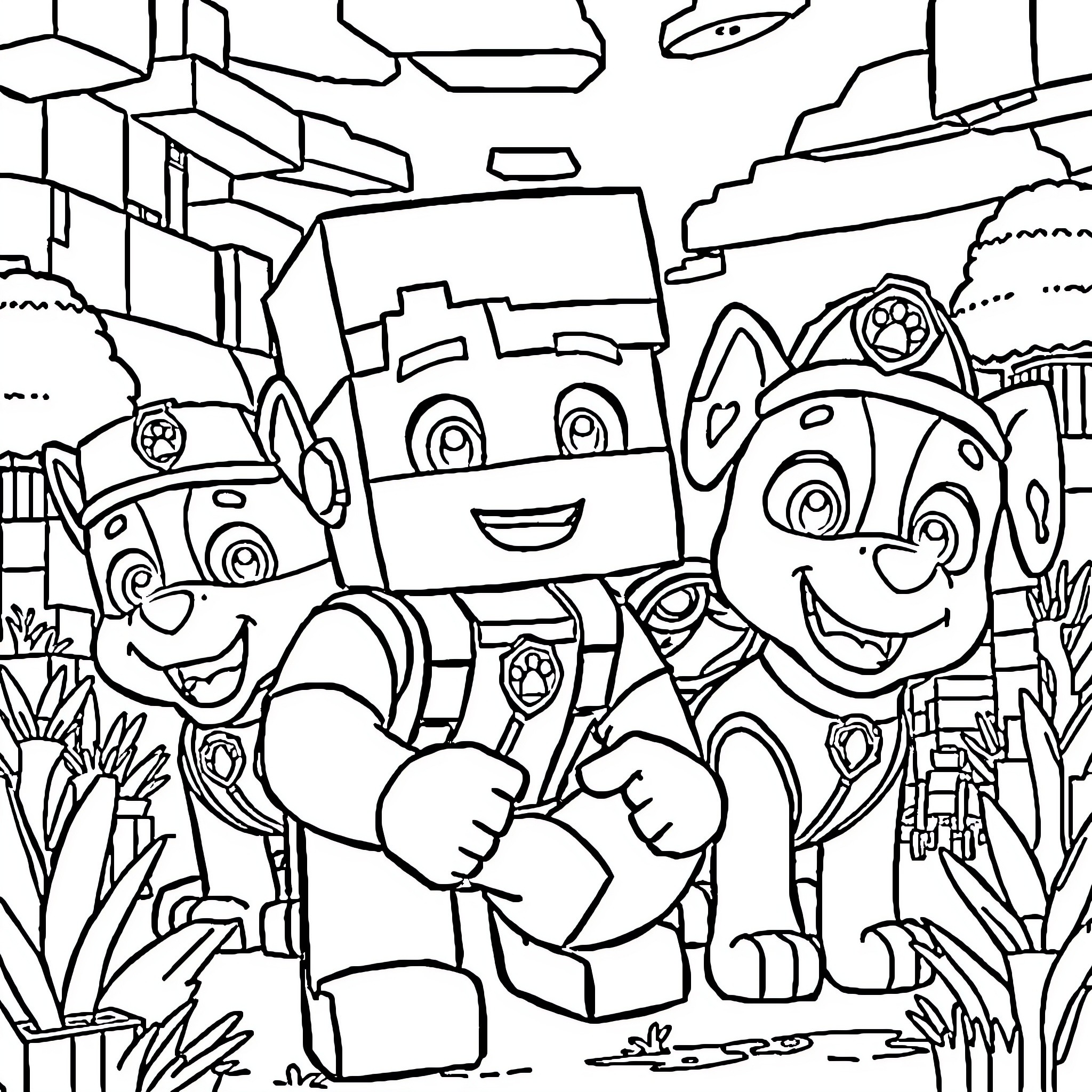 Steve's Heroic Adventure with Paw Patrol Pals Coloring Page (free black-and-white line drawing printable PDF for all, from beginners to advanced learners, including children, teens, adults, and seniors)