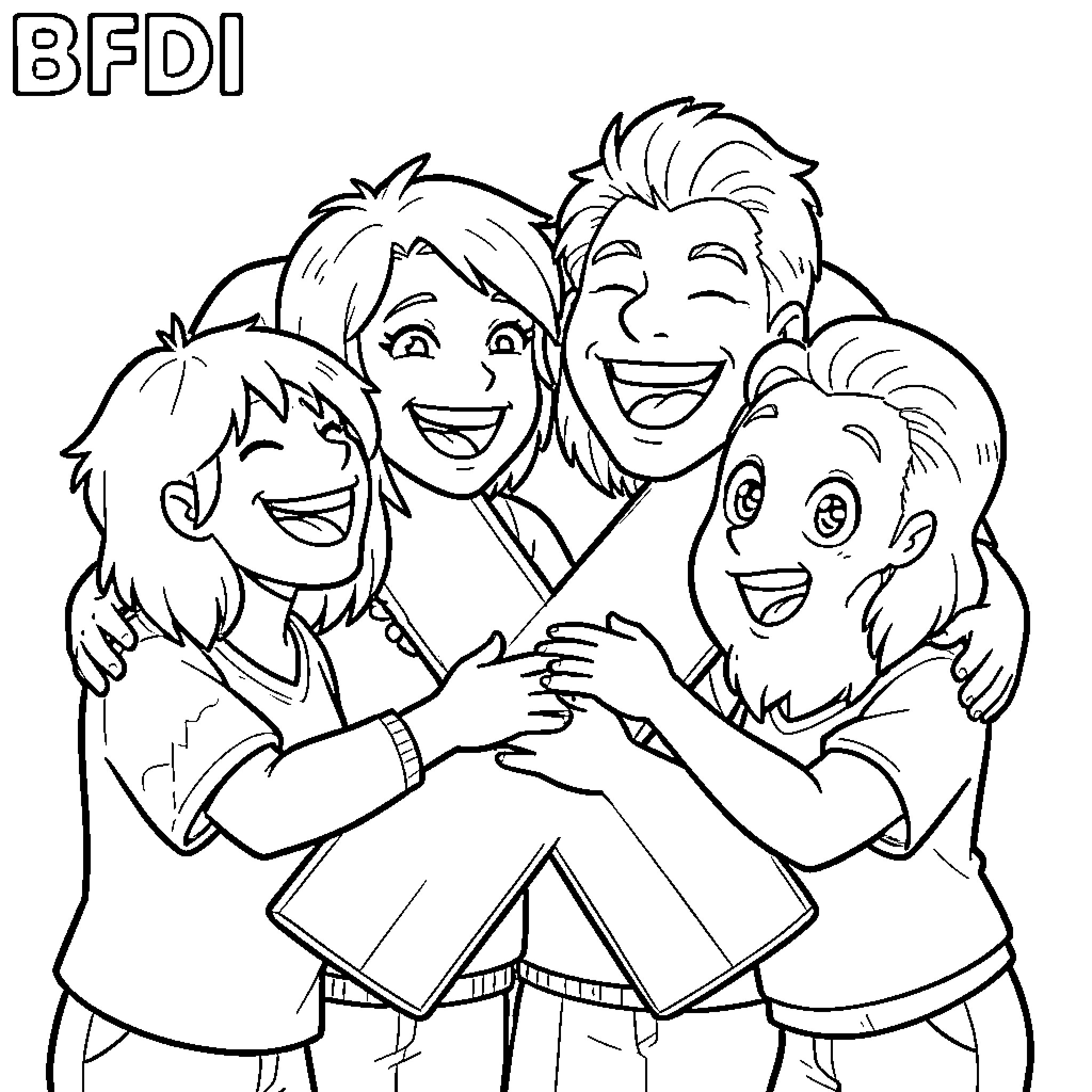 Four happy friends hugging and laughing together Coloring Page (free black-and-white line drawing printable PDF for all, from beginners to advanced learners, including children, teens, adults, and seniors)