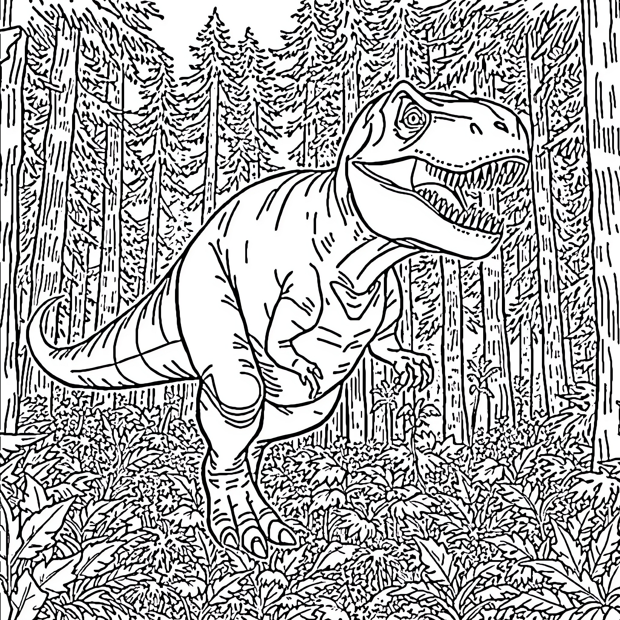 T-Rex Roaring in the Prehistoric Forest Coloring Page (free black-and-white line drawing printable PDF for all, from beginners to advanced learners, including children, teens, adults, and seniors)