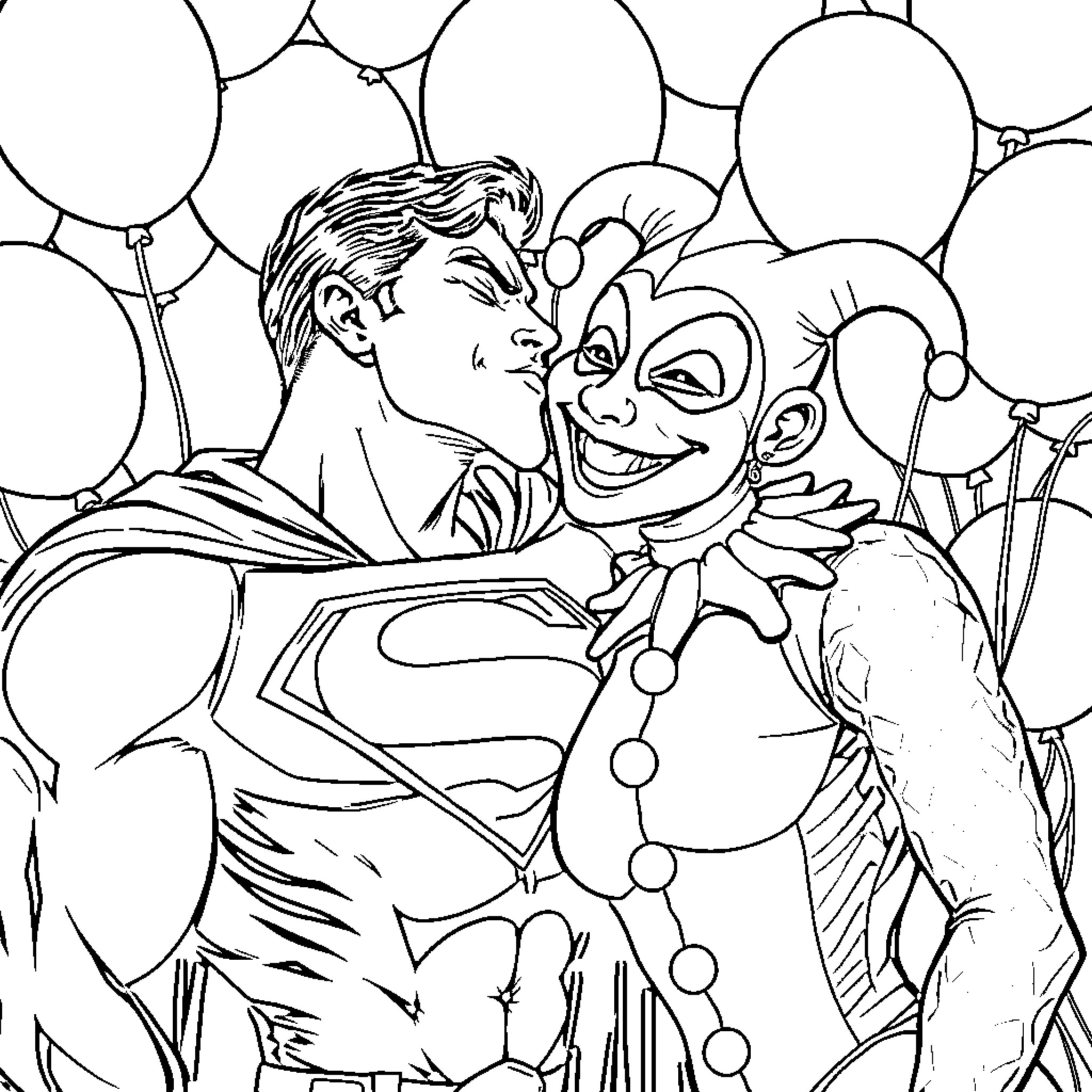 Superman and clown enjoy party with balloons Coloring Page (free black-and-white line drawing printable PDF for all, from beginners to advanced learners, including children, teens, adults, and seniors)