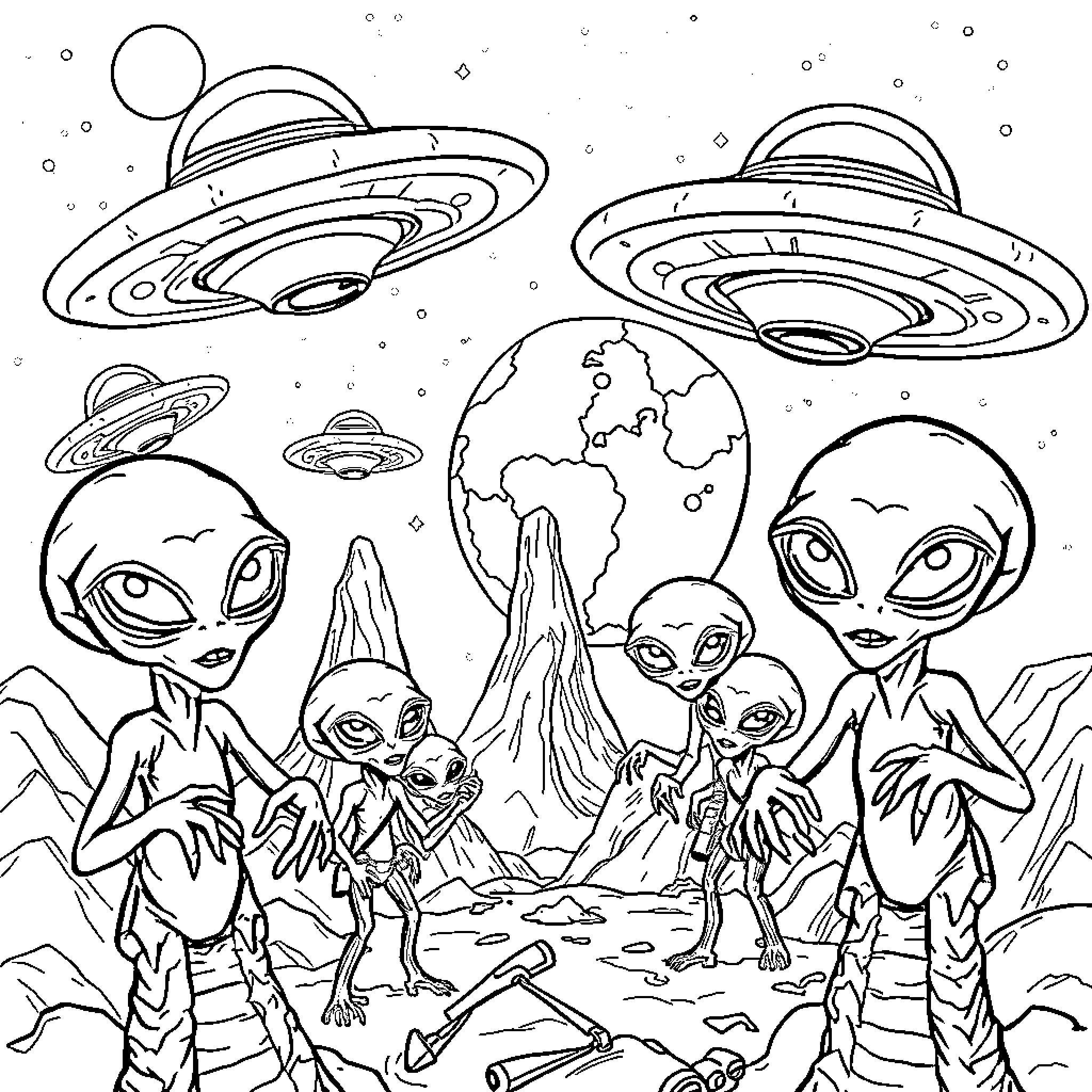 Alien Encounter in Extraterrestrial Landscape Coloring Page (free black-and-white line drawing printable PDF for all, from beginners to advanced learners, including children, teens, adults, and seniors)