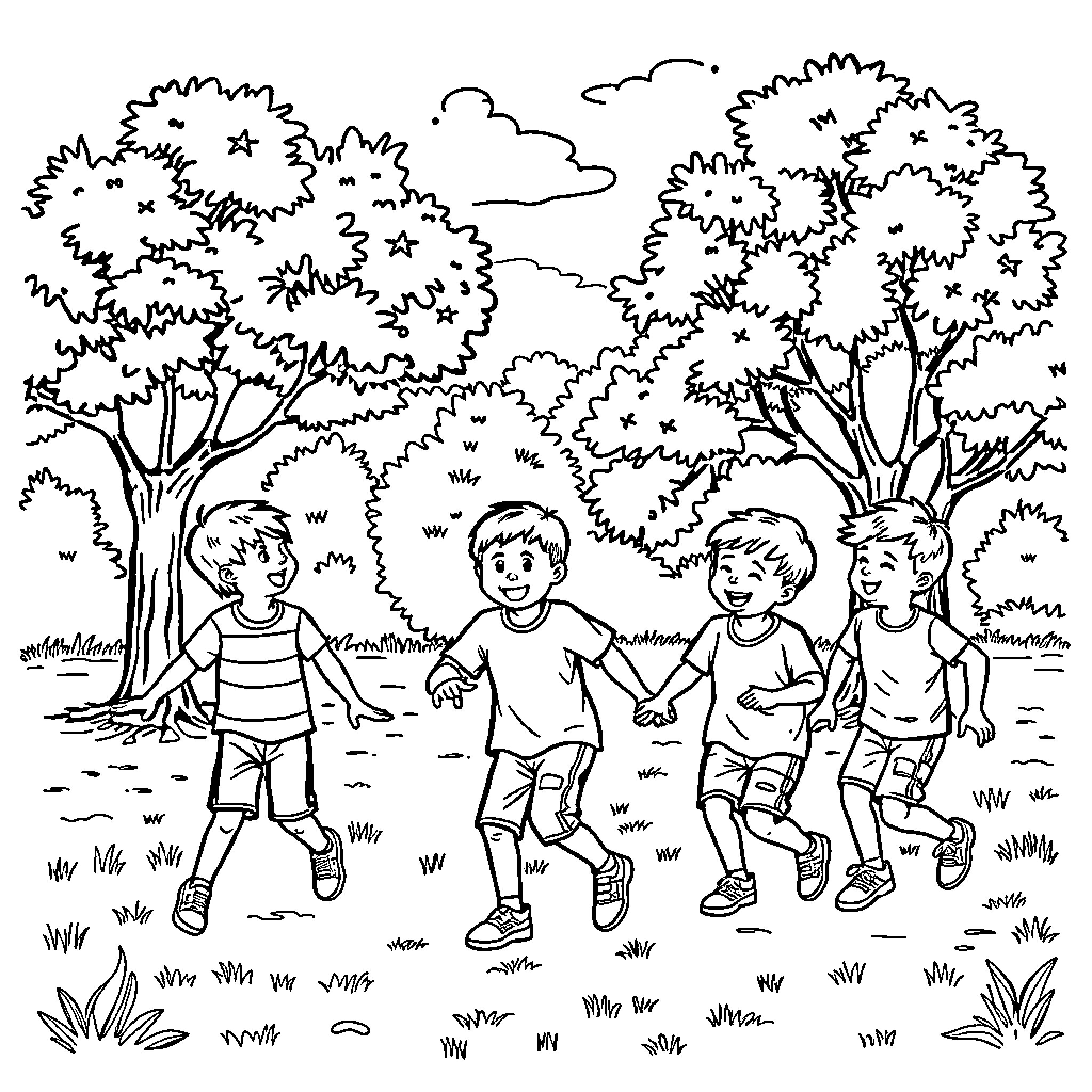 Boys playing together in the park Coloring Page (free black-and-white line drawing printable PDF for all, from beginners to advanced learners, including children, teens, adults, and seniors)