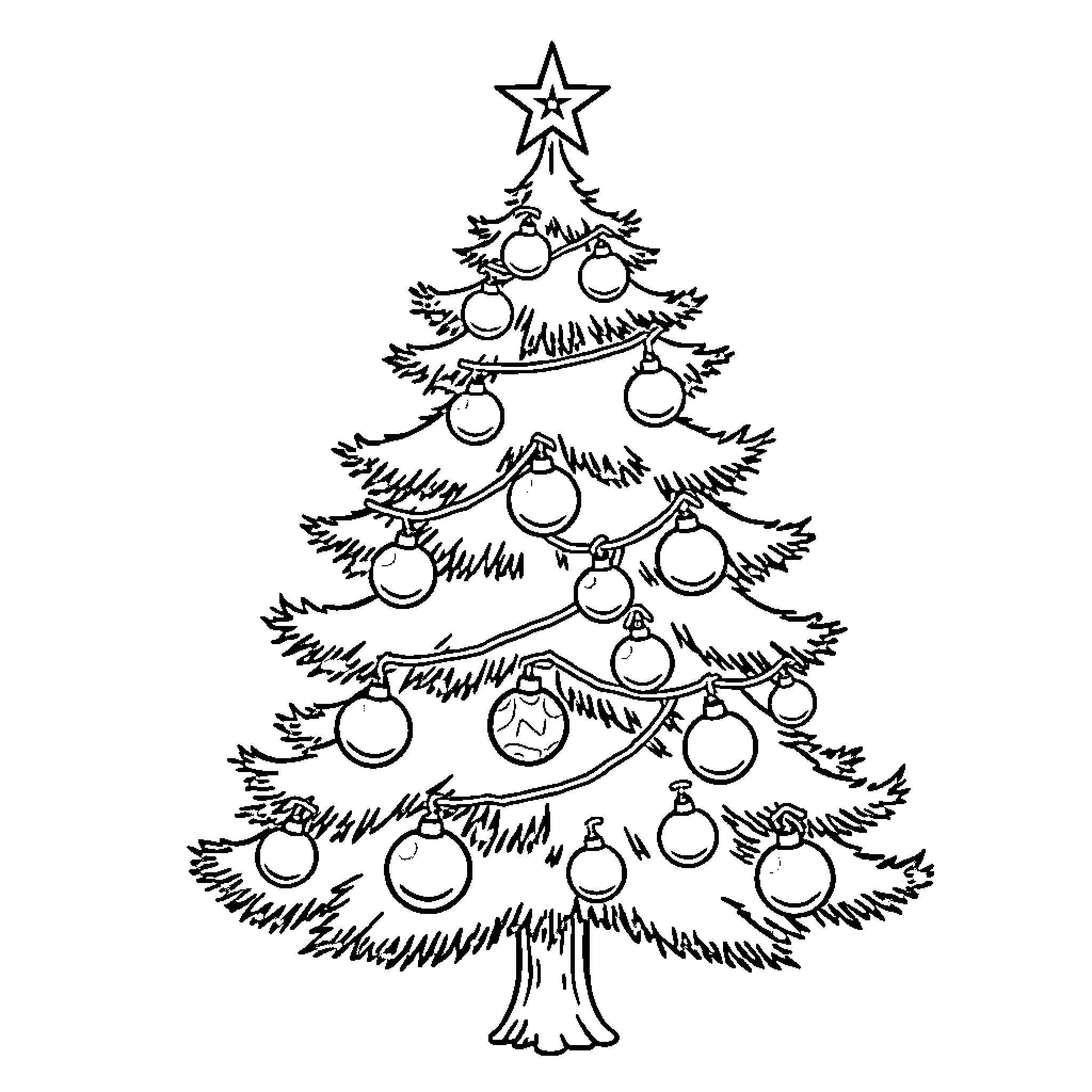 Christmas Tree with Ornaments and Star Coloring Page (free black-and-white line drawing printable PDF for all, from beginners to advanced learners, including children, teens, adults, and seniors)