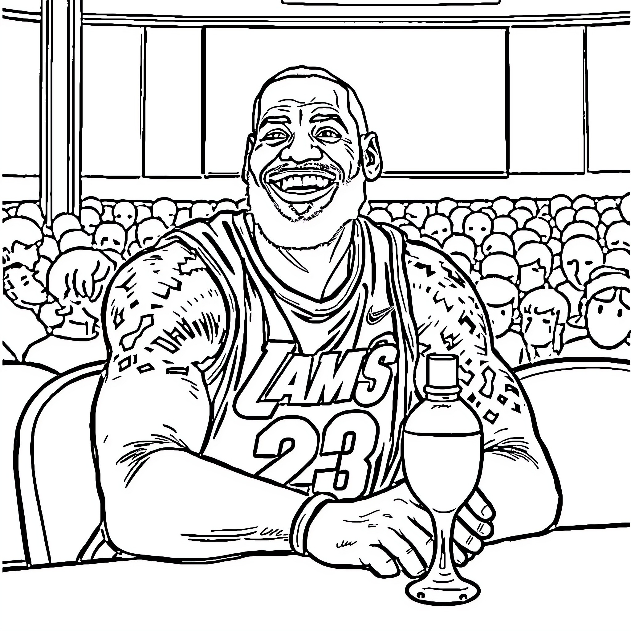 LeBron James Celebrating Victory in Basketball Arena Coloring Page (free black-and-white line drawing printable PDF for all, from beginners to advanced learners, including children, teens, adults, and seniors)