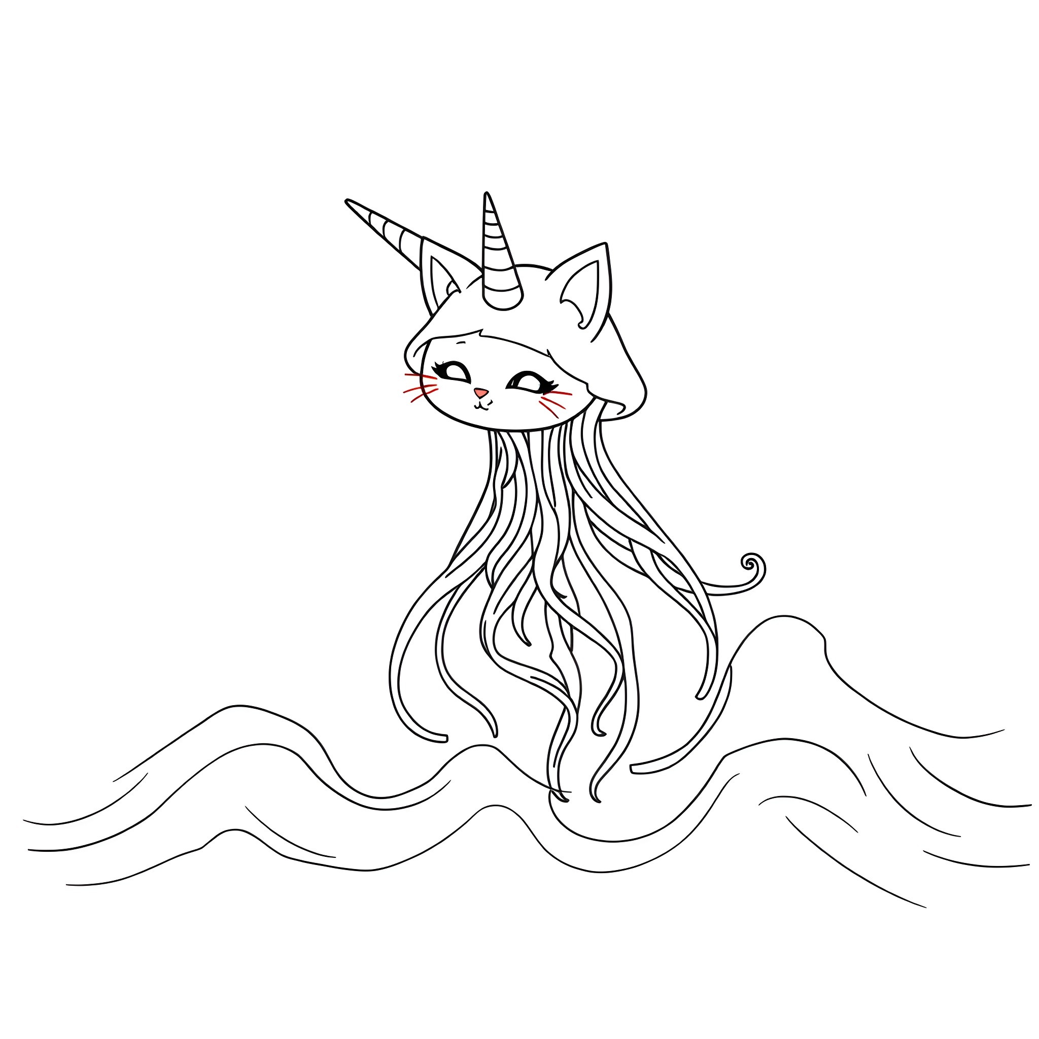 Jellyfish Kitty Unicorn Swimming in the Waves Coloring Page (free black-and-white line drawing printable PDF for all, from beginners to advanced learners, including children, teens, adults, and seniors)