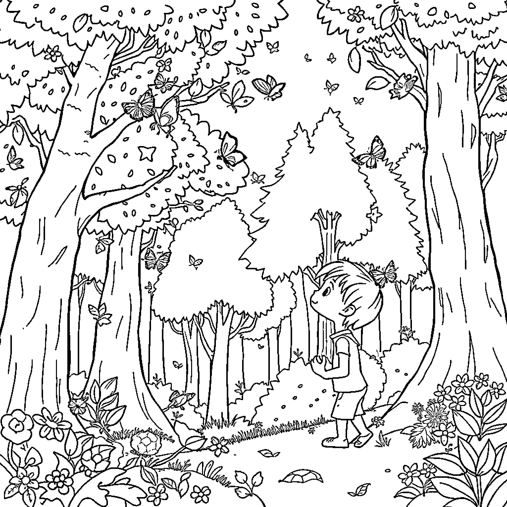 Boy exploring the enchanted forest Coloring Page (free black-and-white line drawing printable PDF for all, from beginners to advanced learners, including children, teens, adults, and seniors)