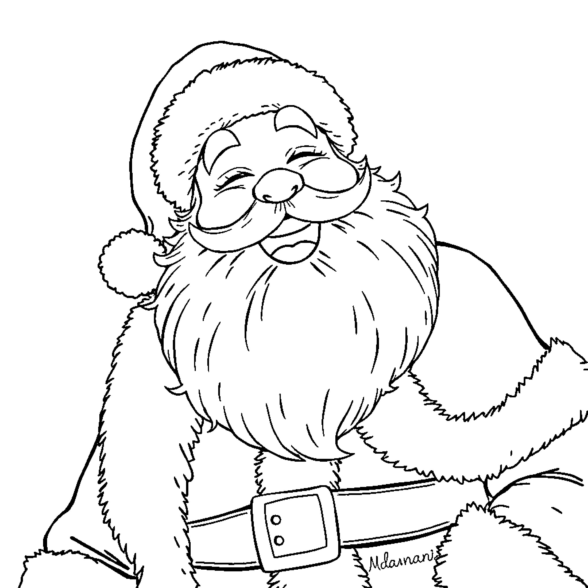Santa with a jolly expression and fluffy beard Coloring Page (free black-and-white line drawing printable PDF for all, from beginners to advanced learners, including children, teens, adults, and seniors)