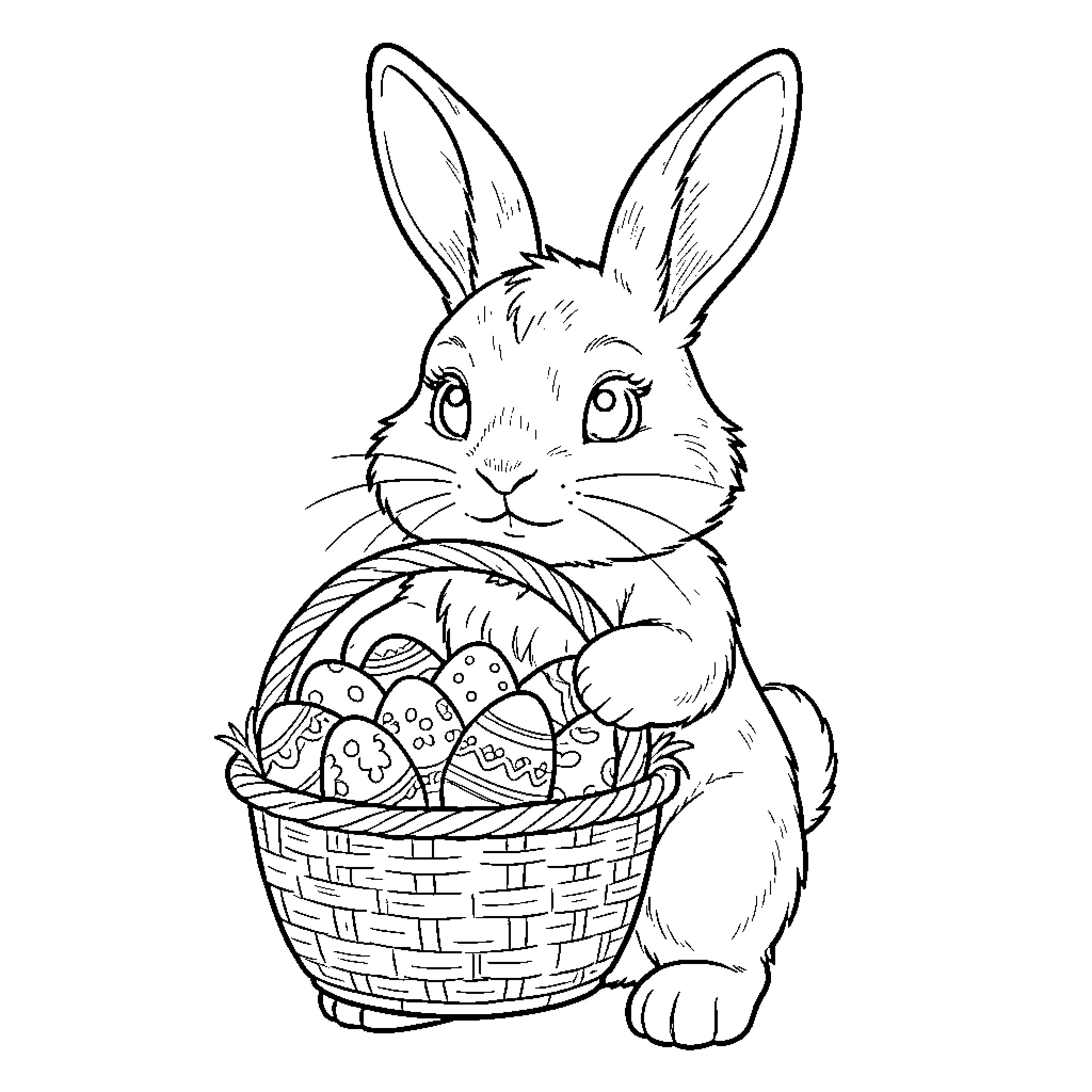 Easter Bunny with Basket of Decorated Eggs Coloring Page (free black-and-white line drawing printable PDF for all, from beginners to advanced learners, including children, teens, adults, and seniors)