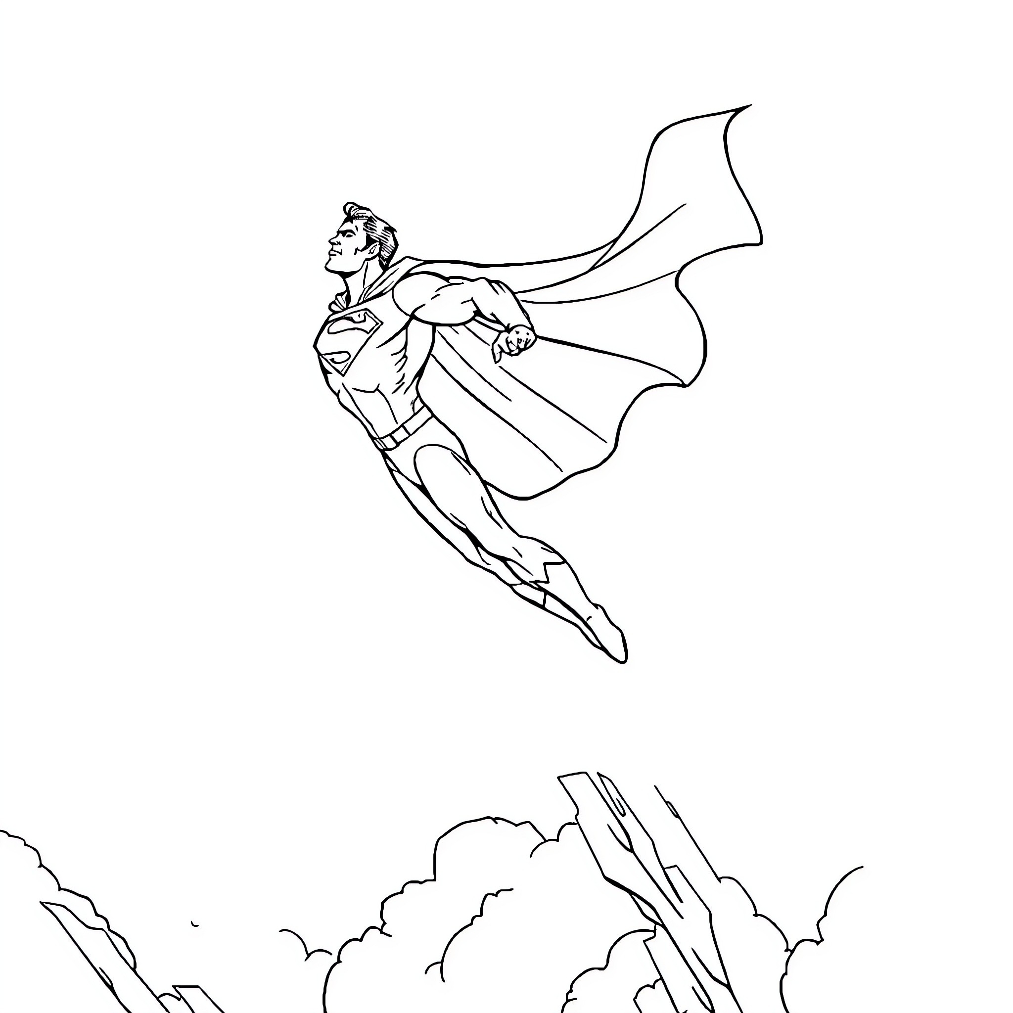 Superman soaring through the sky with cape Coloring Page (free black-and-white line drawing printable PDF for all, from beginners to advanced learners, including children, teens, adults, and seniors)