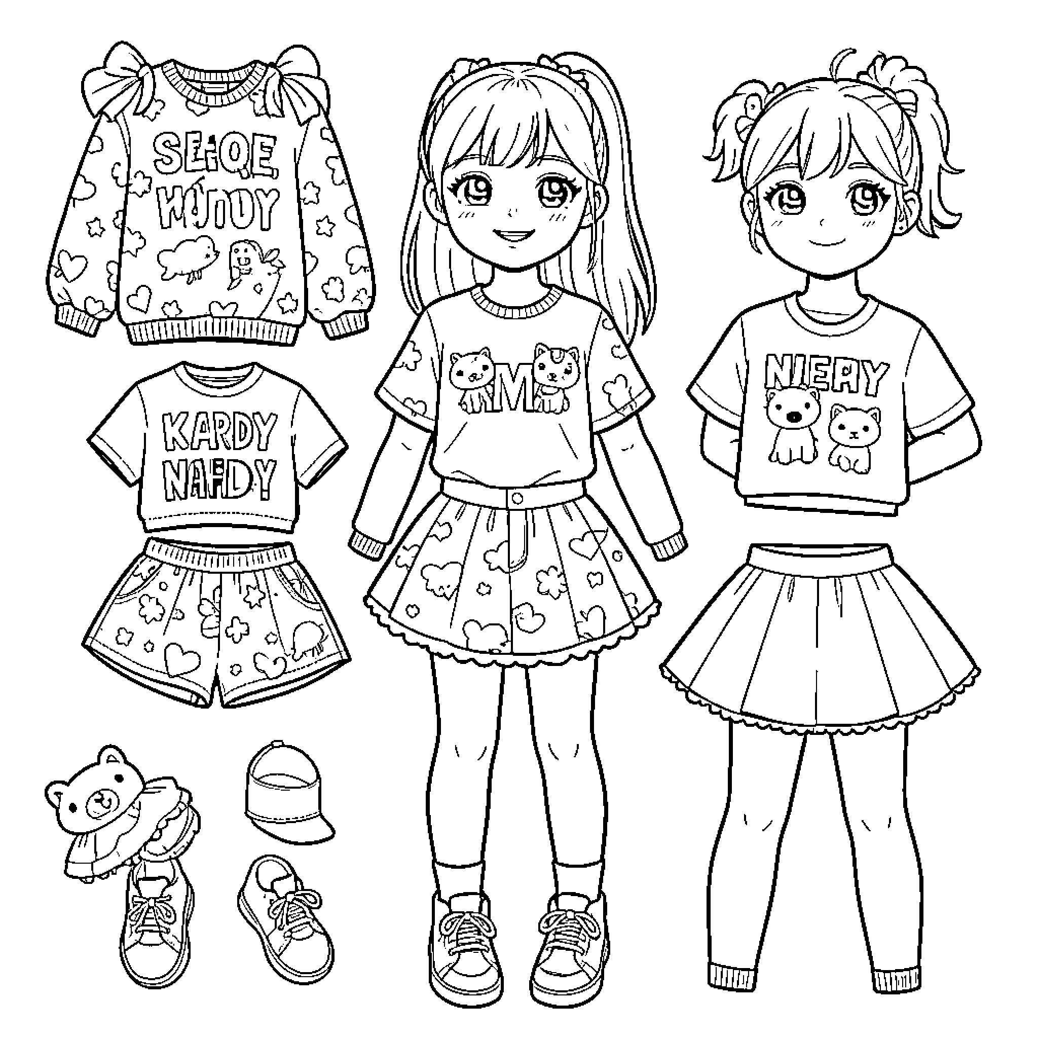 Kpop-inspired Fashion and Apparel Designs Coloring Page (free black-and-white line drawing printable PDF for all, from beginners to advanced learners, including children, teens, adults, and seniors)