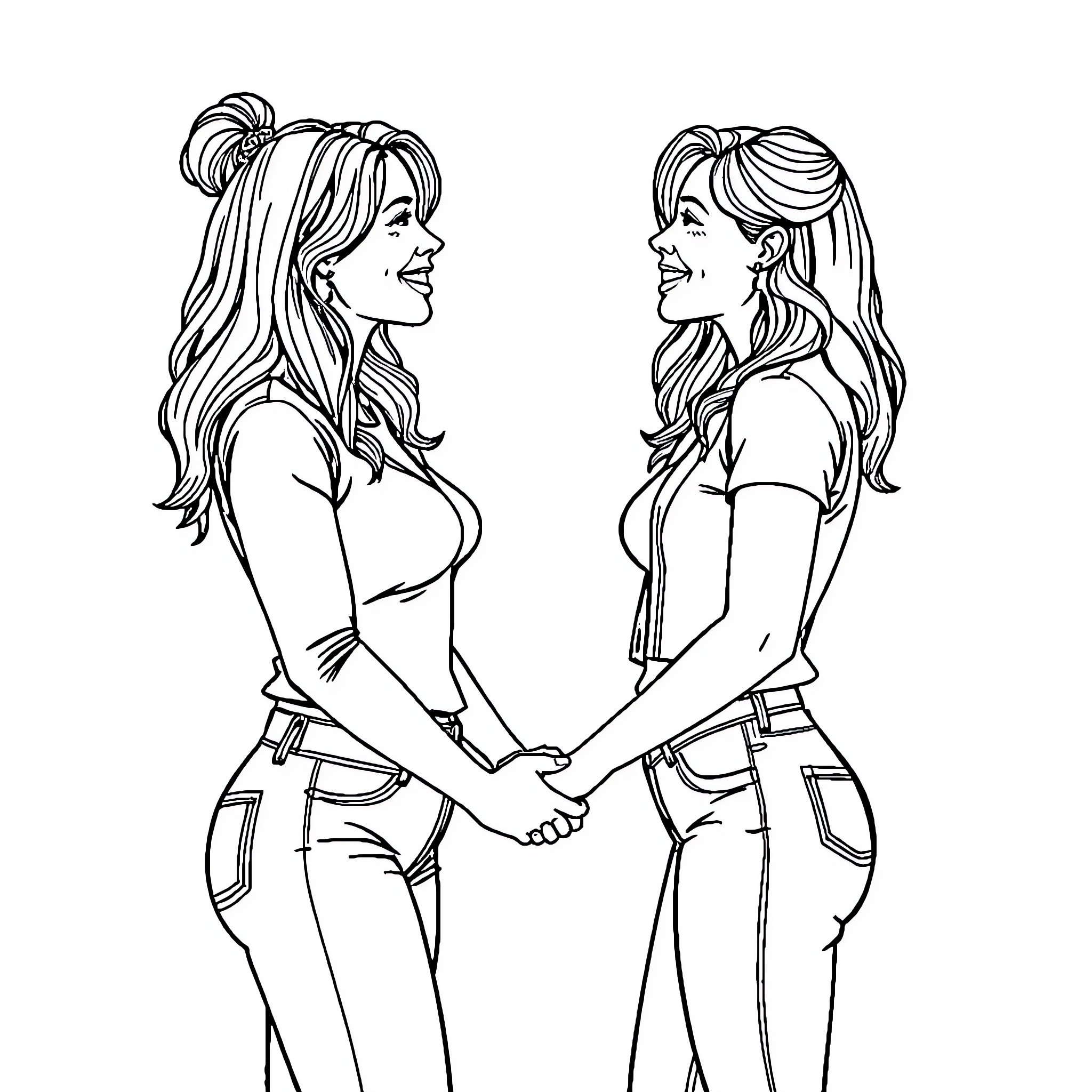 Lesbian couple holding hands tenderly Coloring Page (free black-and-white line drawing printable PDF for all, from beginners to advanced learners, including children, teens, adults, and seniors)