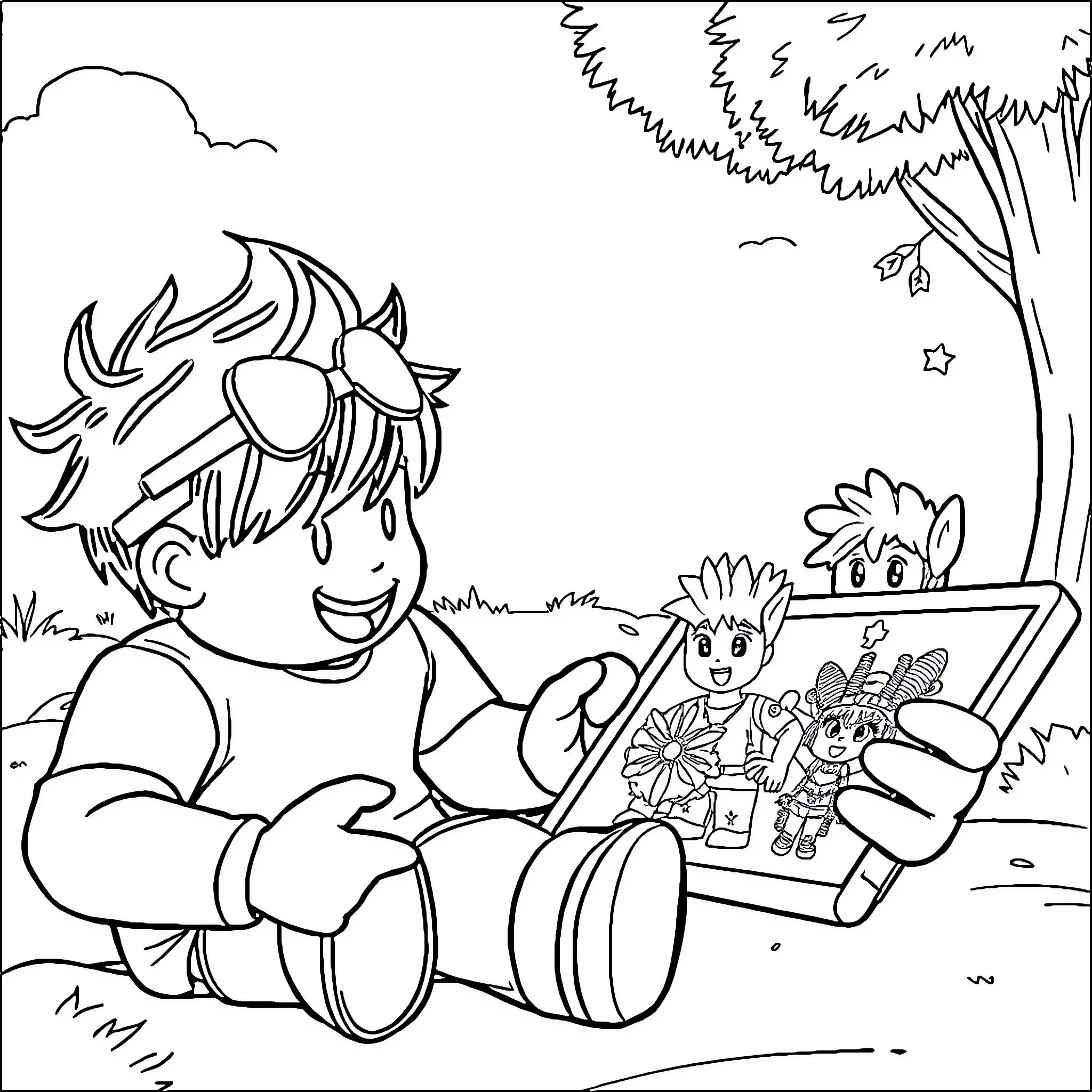 Labubu enjoys a coloring book adventure in the park Coloring Page (free black-and-white line drawing printable PDF for all, from beginners to advanced learners, including children, teens, adults, and seniors)