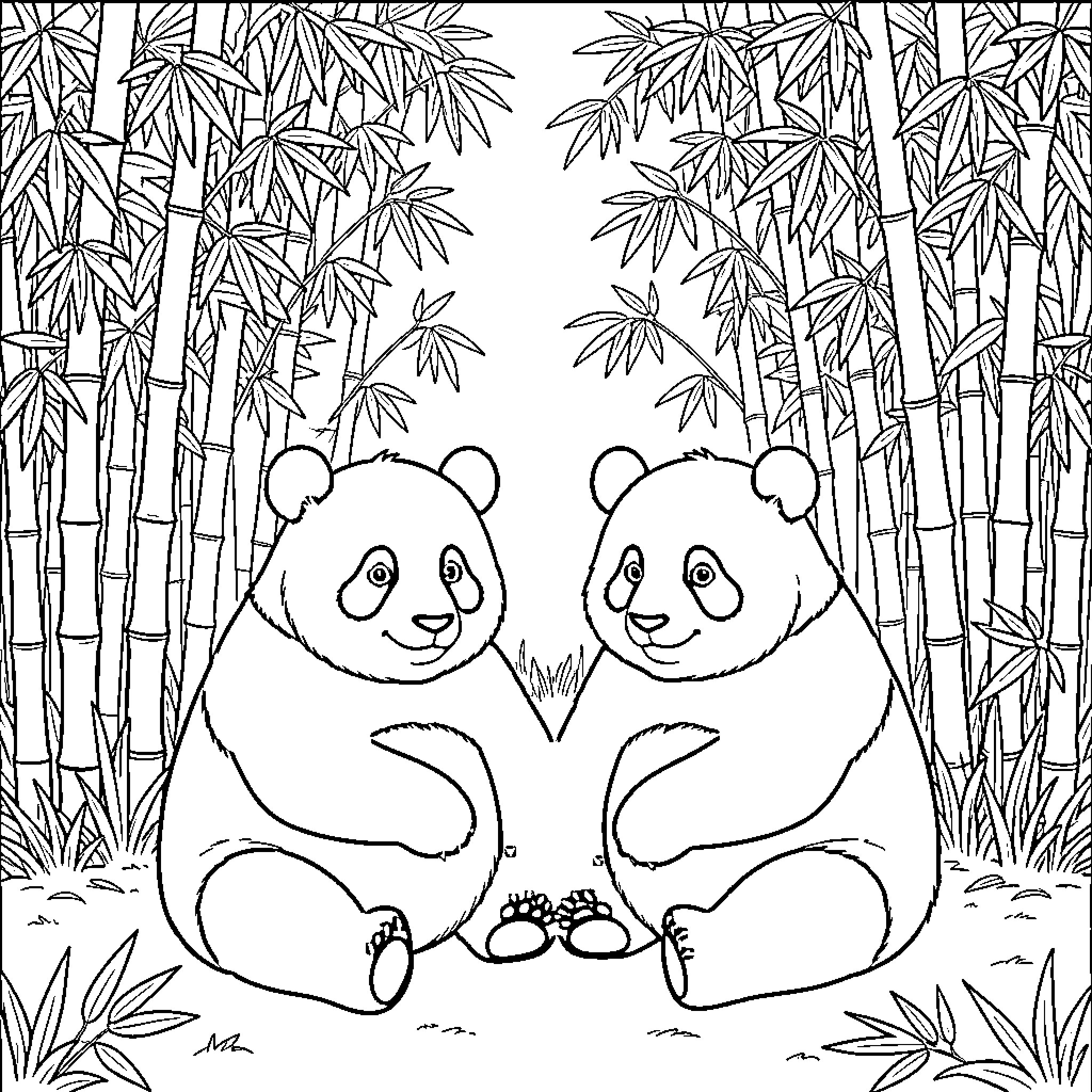 Panda couple sitting together in a bamboo forest Coloring Page (free black-and-white line drawing printable PDF for all, from beginners to advanced learners, including children, teens, adults, and seniors)