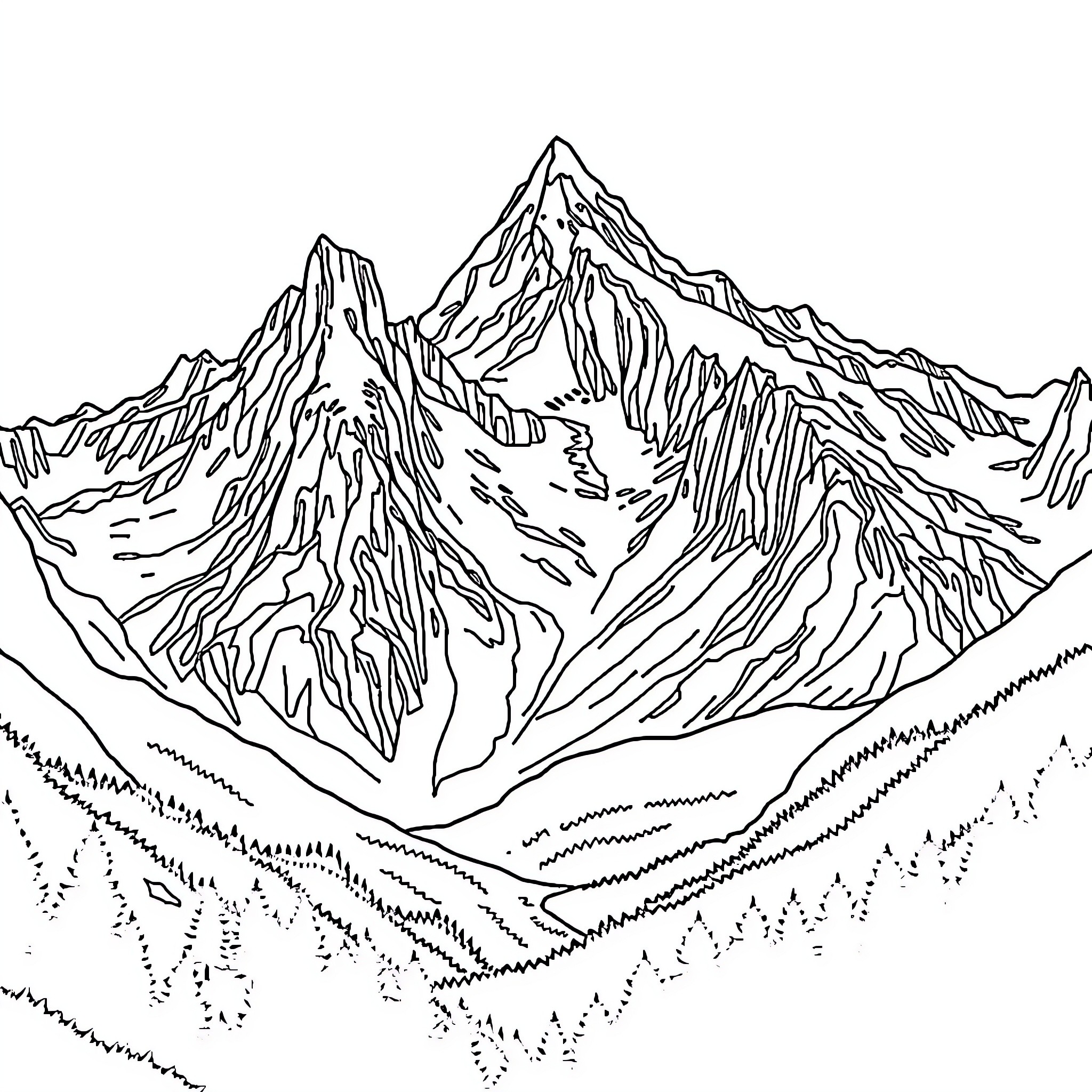 Mountains showcasing rugged terrain and snowy peaks Coloring Page (free black-and-white line drawing printable PDF for all, from beginners to advanced learners, including children, teens, adults, and seniors)